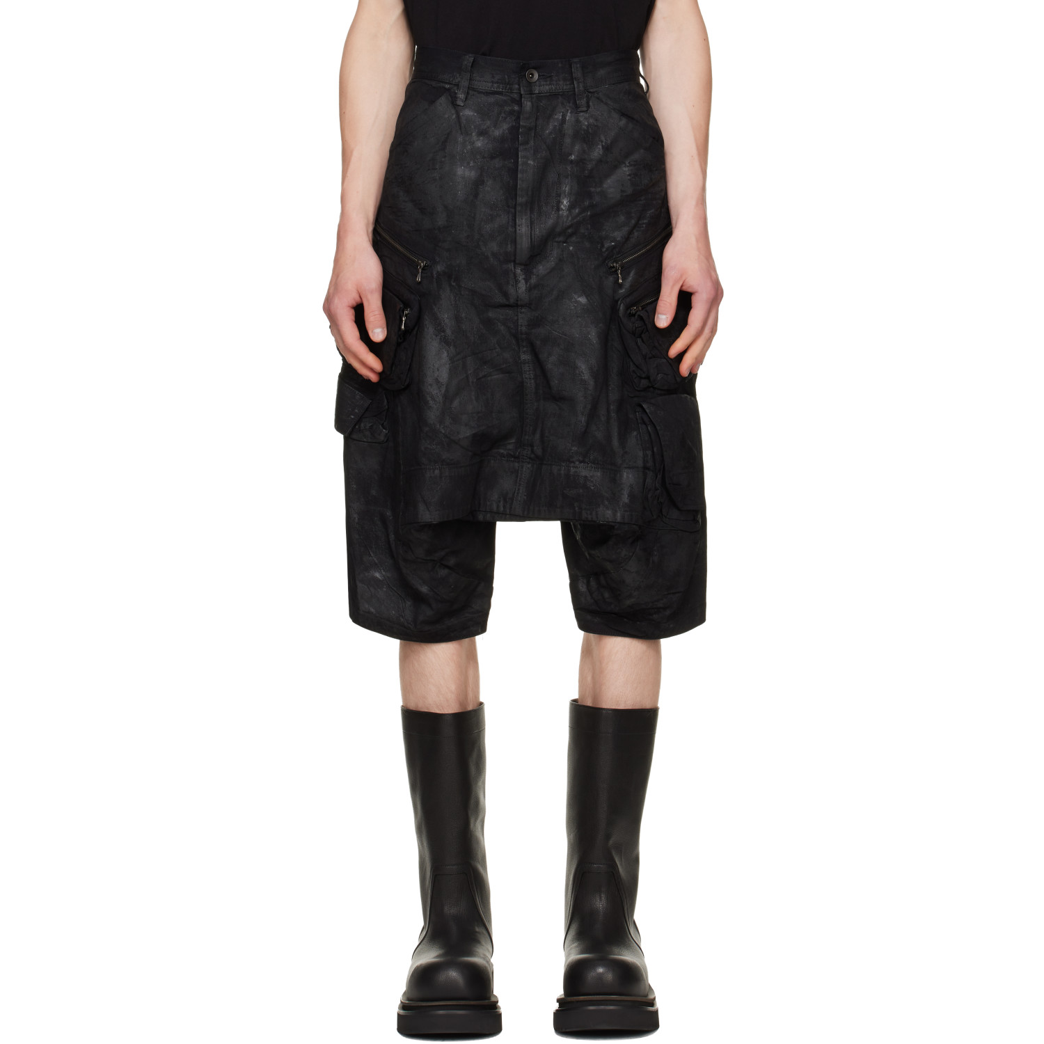 Julius Black Coated Tactical Kite Denim Shorts