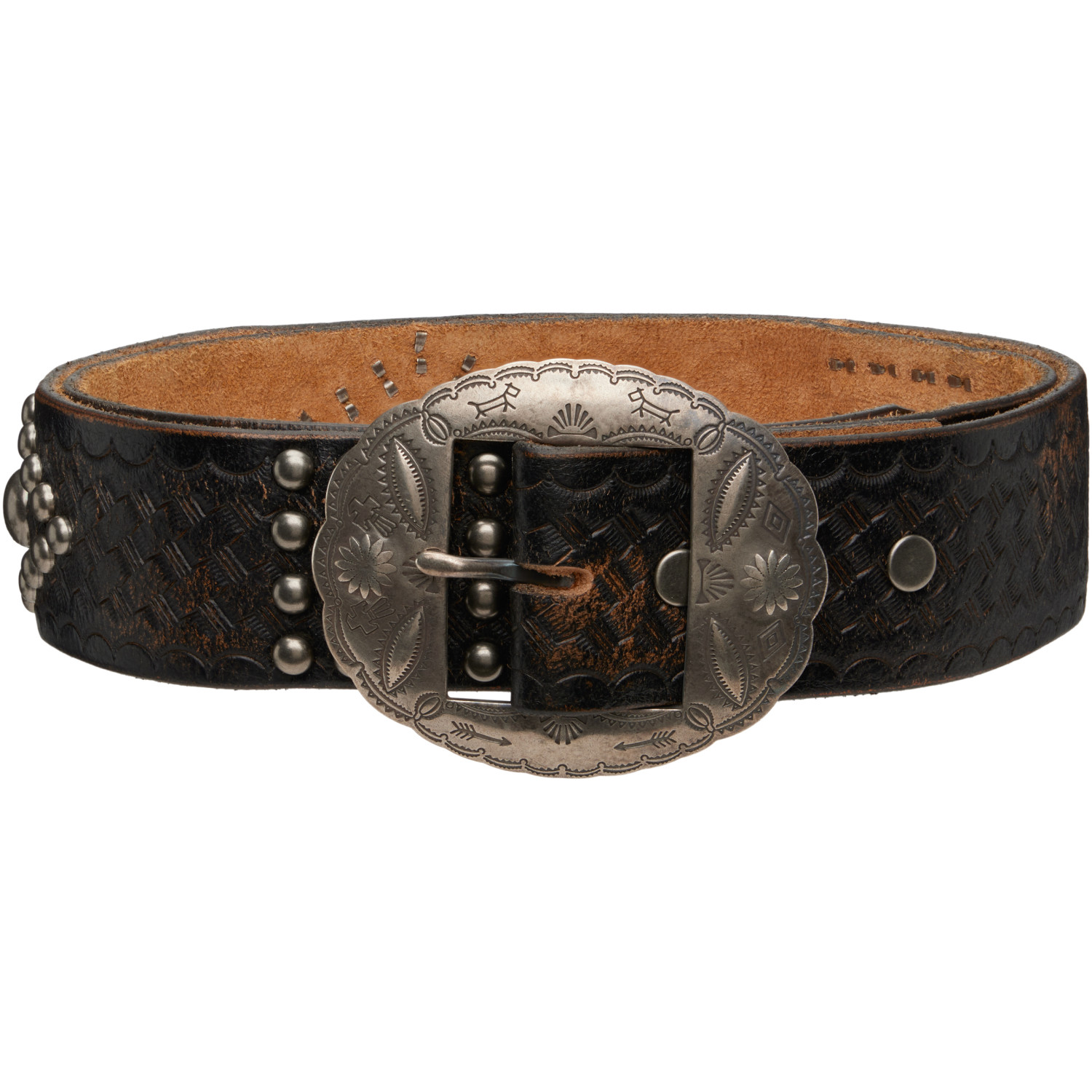 Rrl Black Studded Leather Belt In Black Over Brown