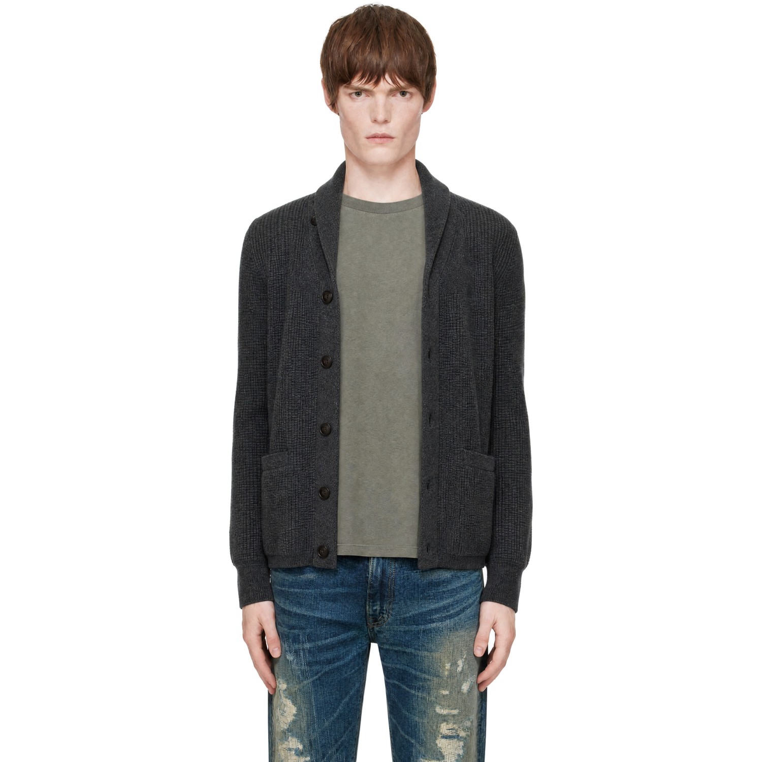 RRL Gray Waffle-Knit Cashmere Shawl Cardigan