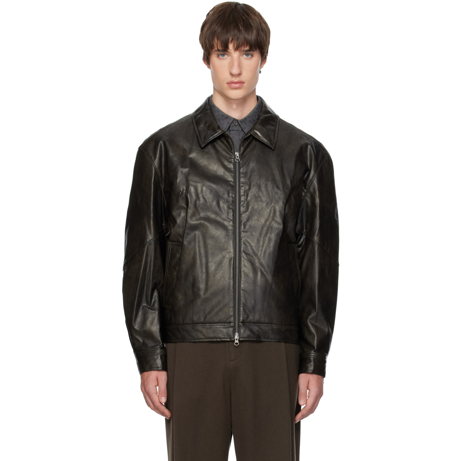 AMOMENTO Black Faux-Leather Bomber Jacket