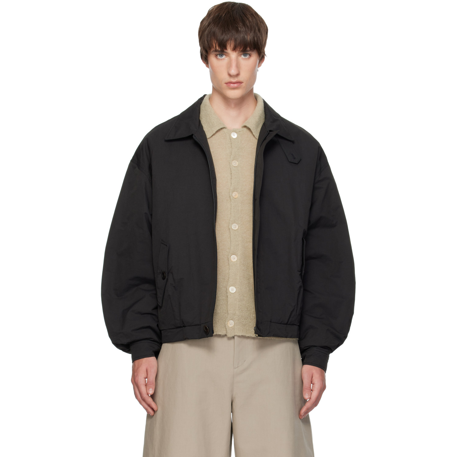 AMOMENTO Black Padded Cotton Nylon Bomber Jacket