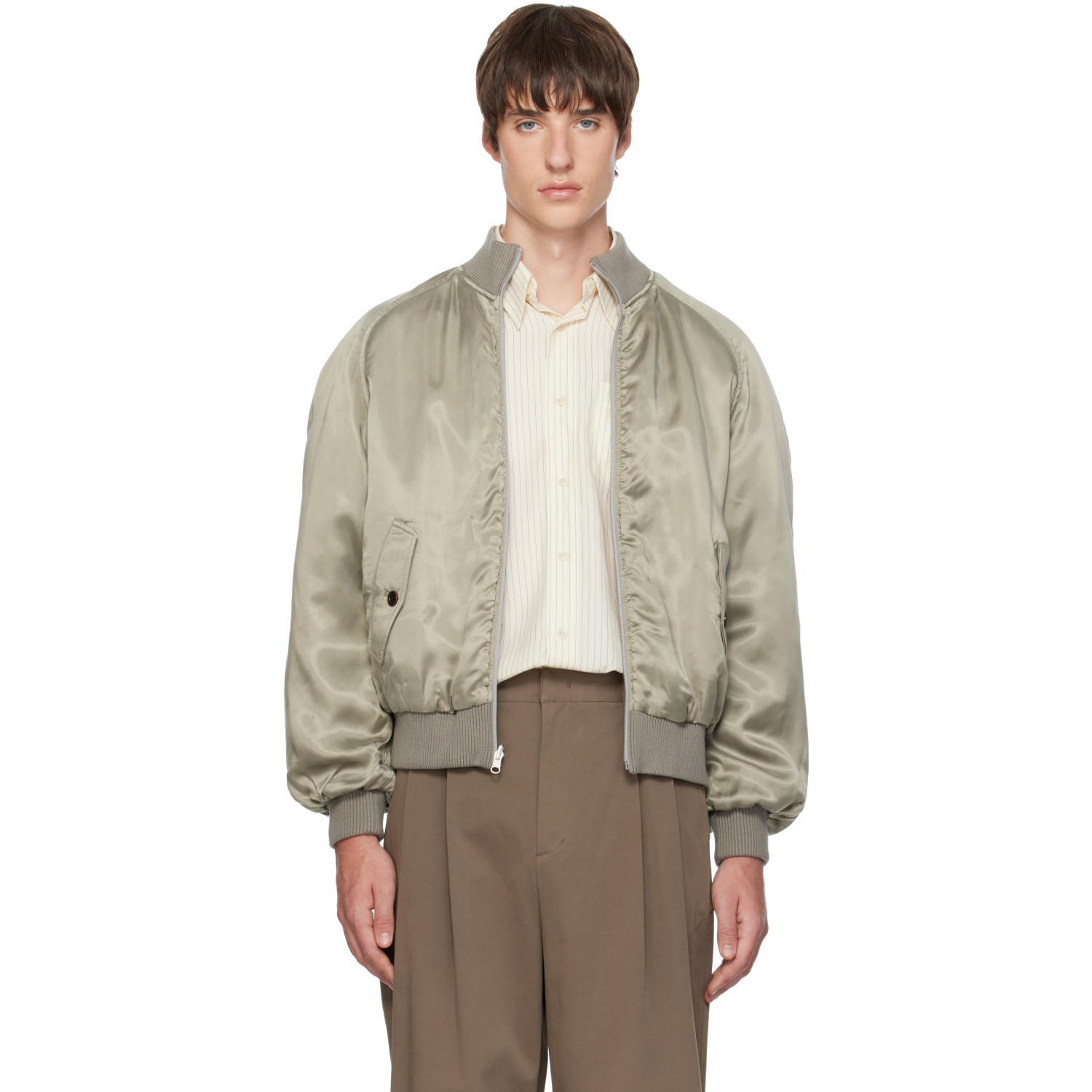 AMOMENTO Green Ribbed Silky Bomber Jacket