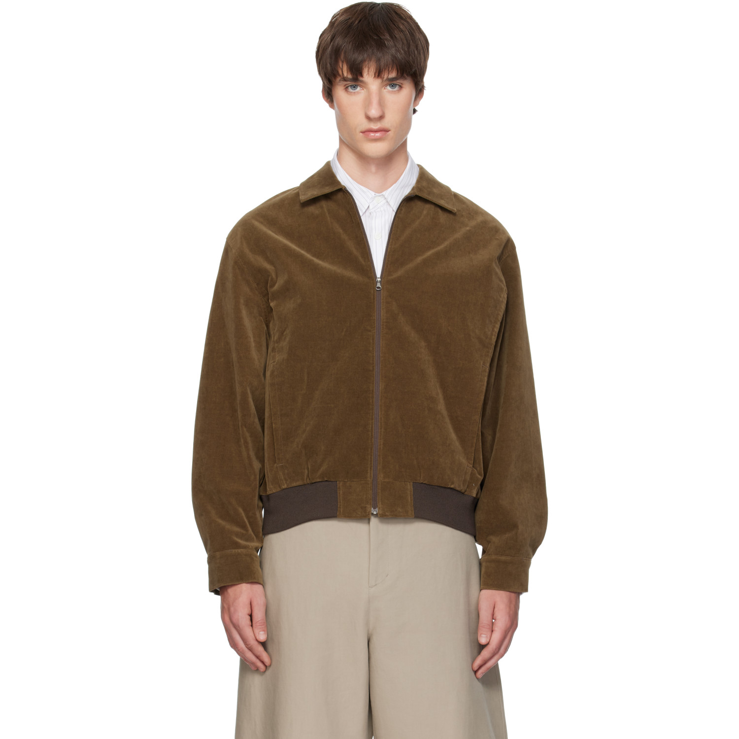 AMOMENTO Khaki Velvet Zip-Up Bomber Jacket