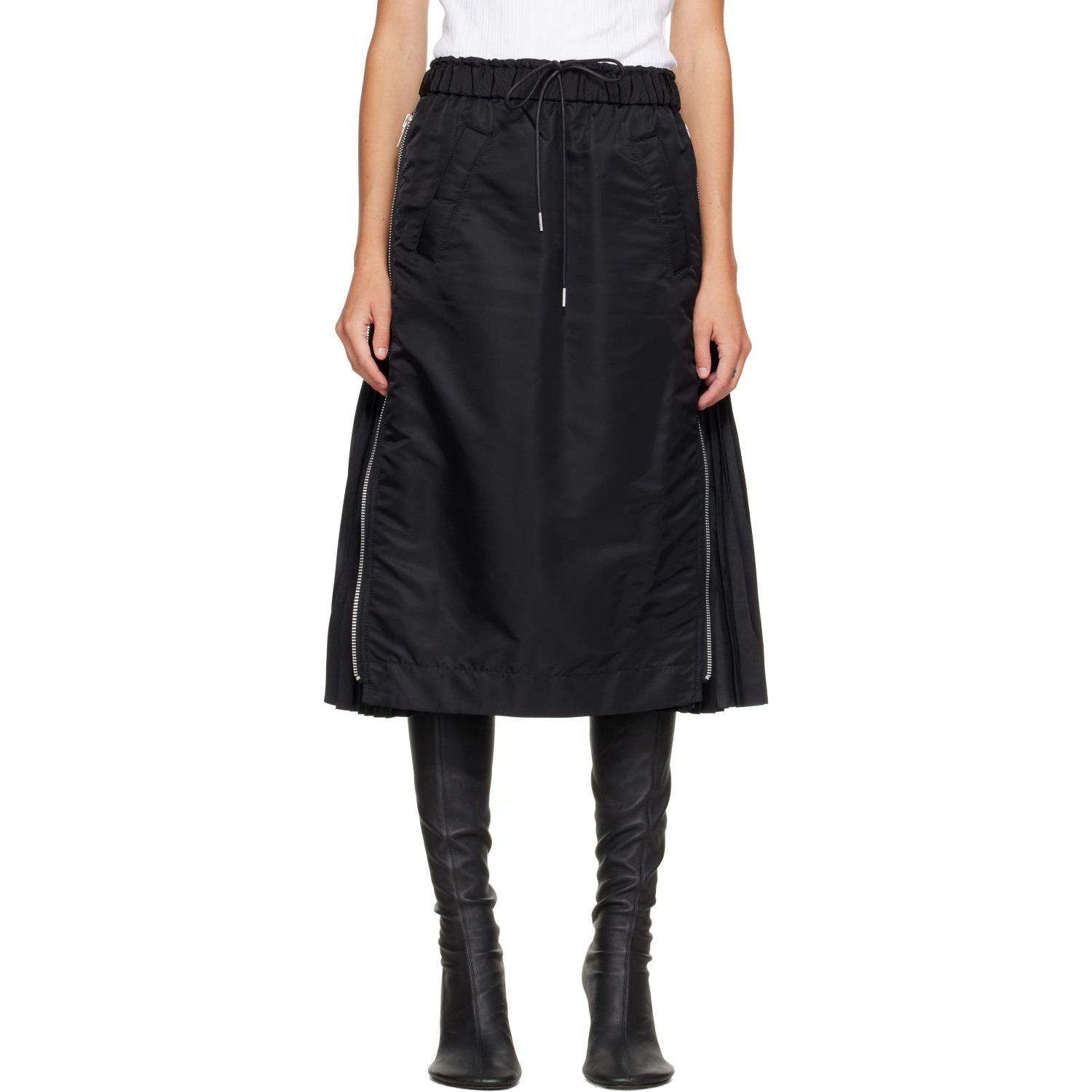 sacai Black Nylon Twill Midi Skirt