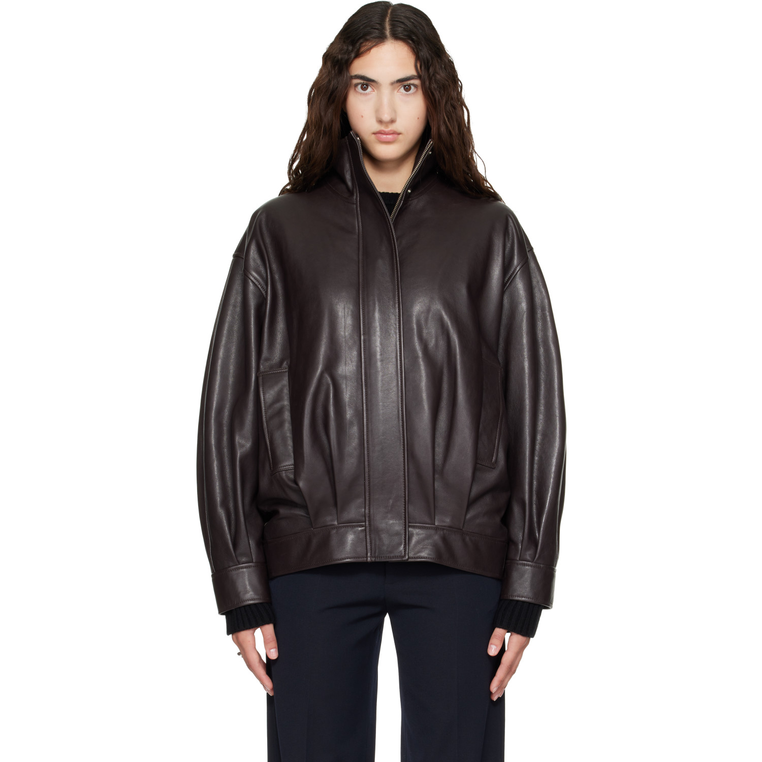 Arma Brown Paula Funnel Neck Leather Jacket