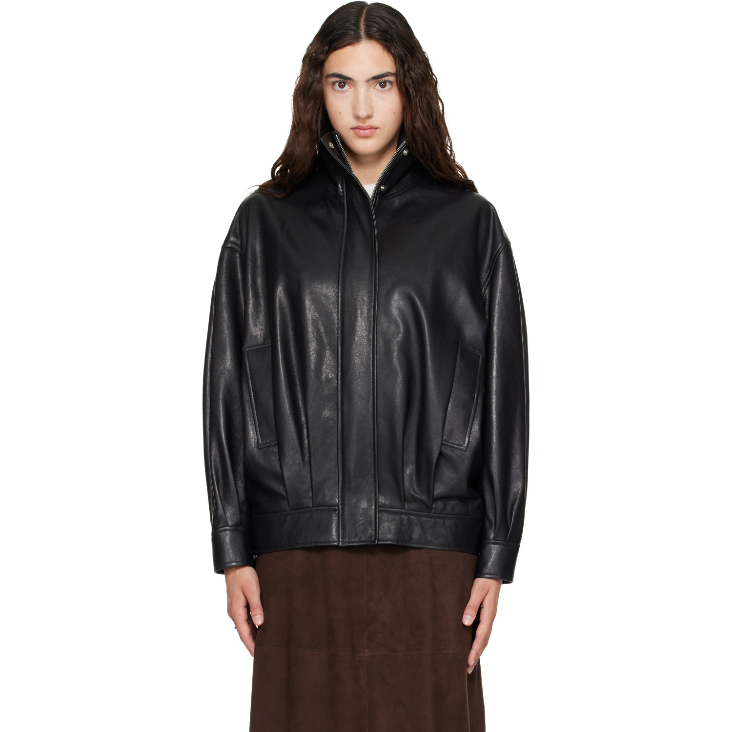 Arma Black Paula Funnel Neck Leather Jacket