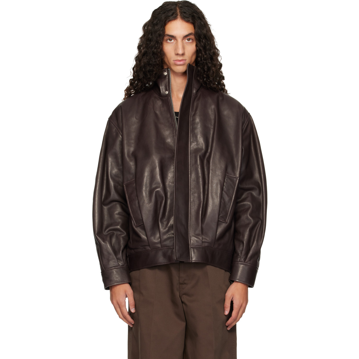 Arma Brown Paulo Leather Funnel Neck Jacket