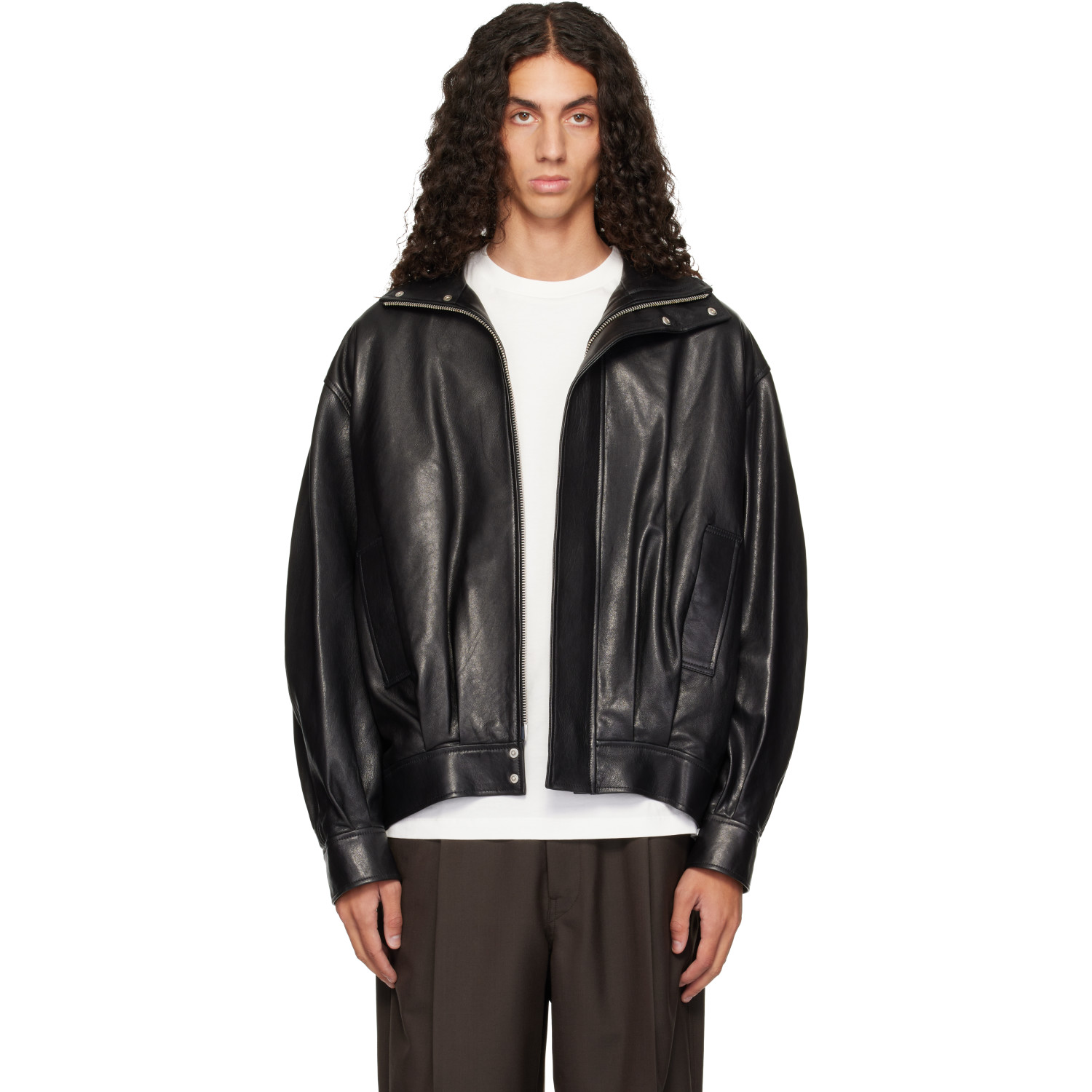 Arma Black Paulo Leather Funnel Neck Jacket