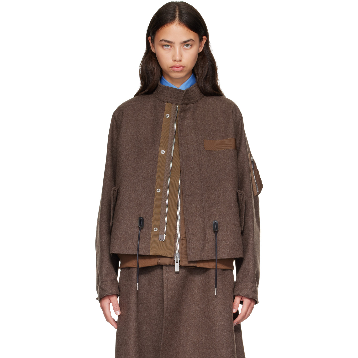 sacai Brown Wool Flannel x Nylon Twill Coat