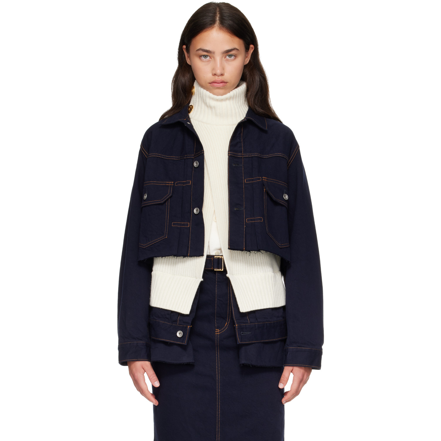 sacai Navy & White Wool Knit x Denim Jacket