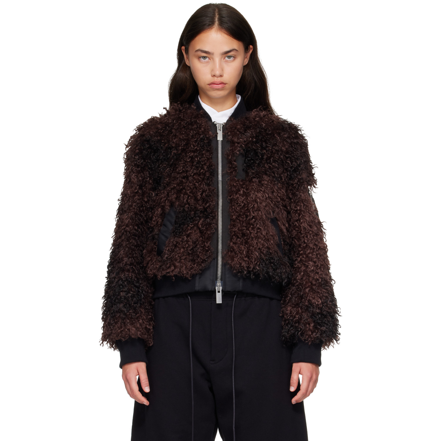 sacai Brown Blouson Curly Faux-Fur Jacket