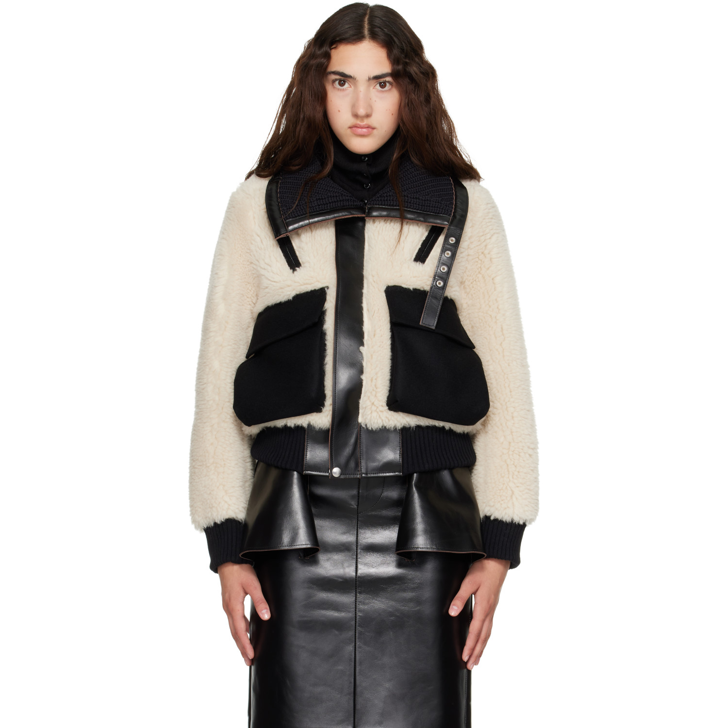 sacai Off-White Wool Faux Shearling Blouson Jacket