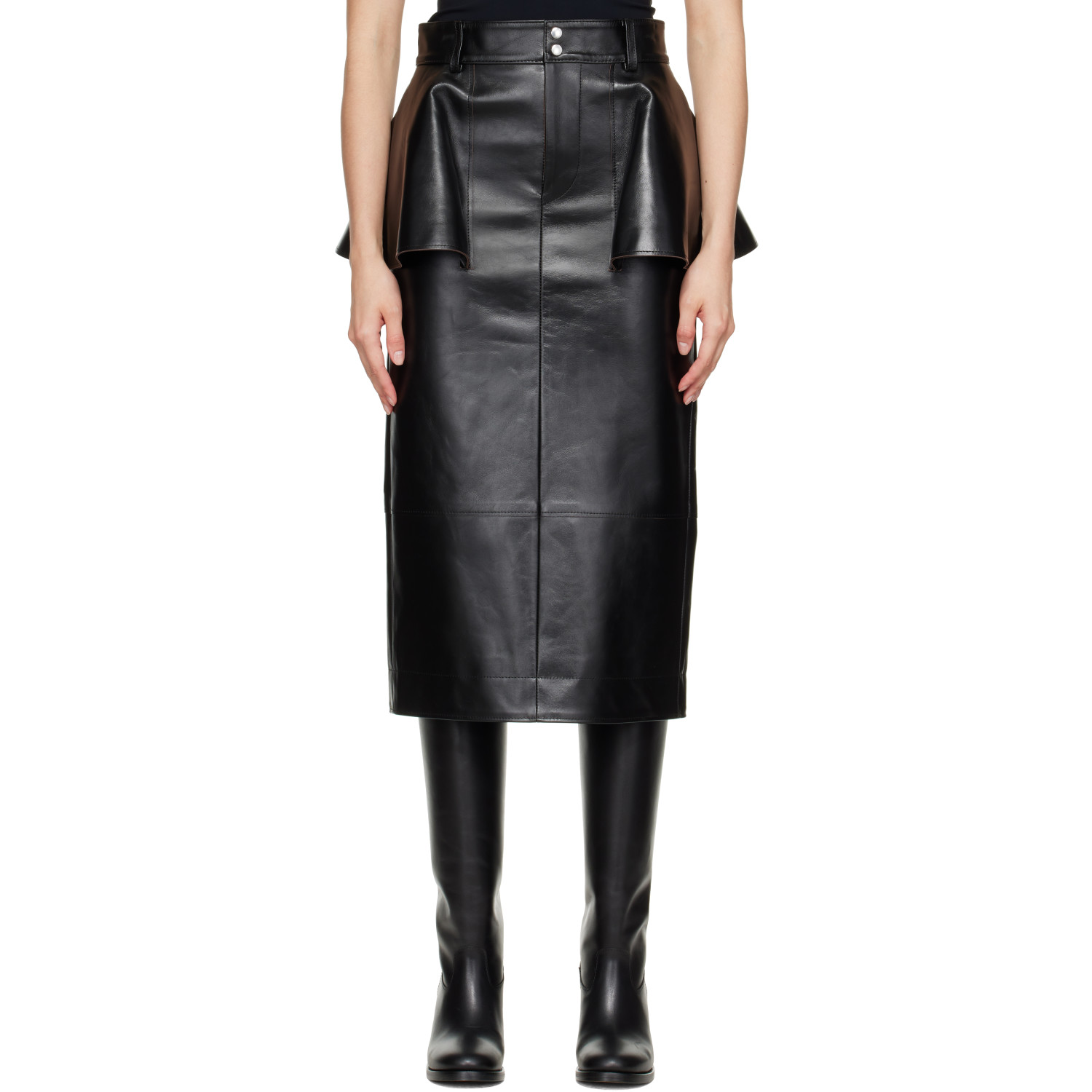 sacai Black Leather Midi Skirt