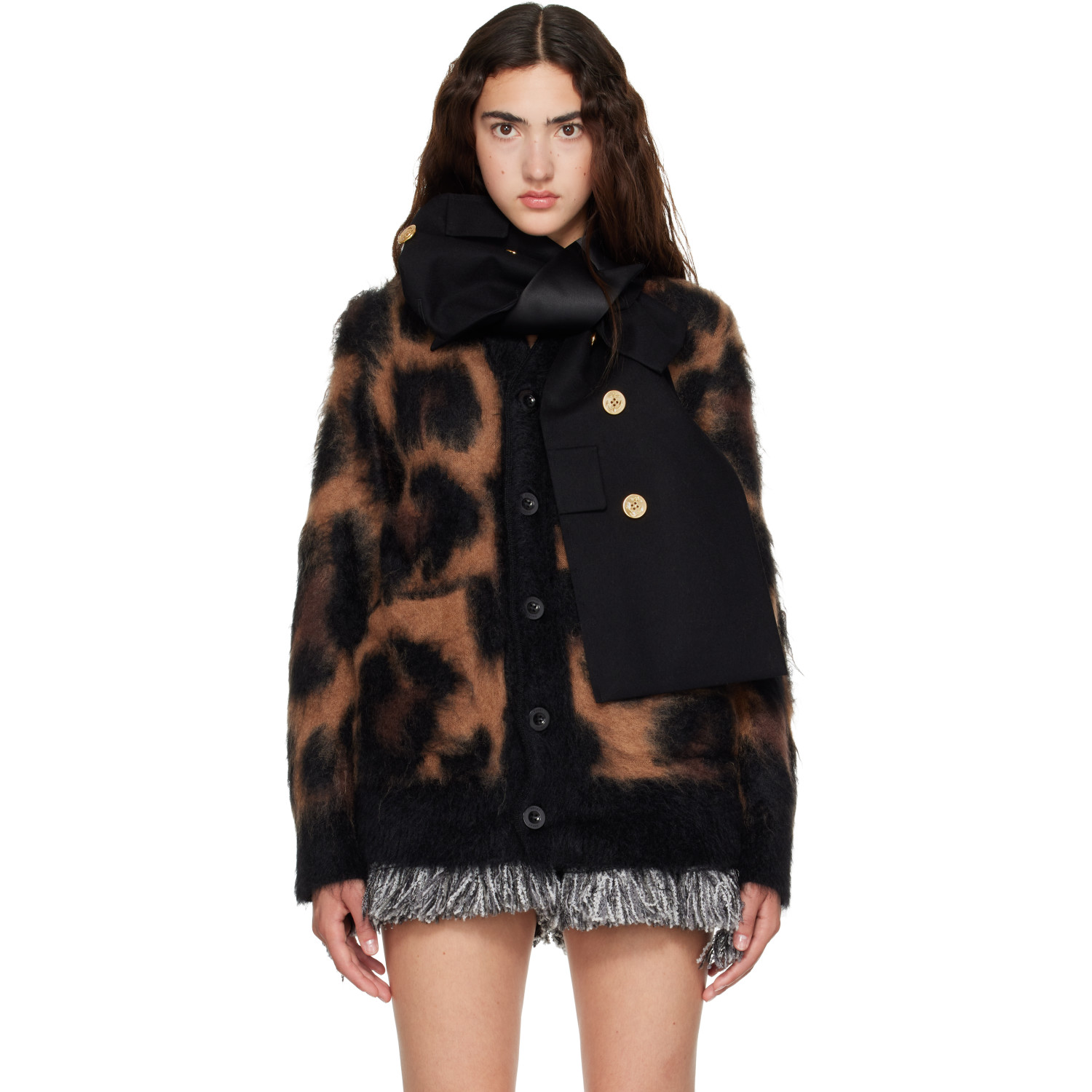 sacai Beige Leopard Mohair Knit Cardigan