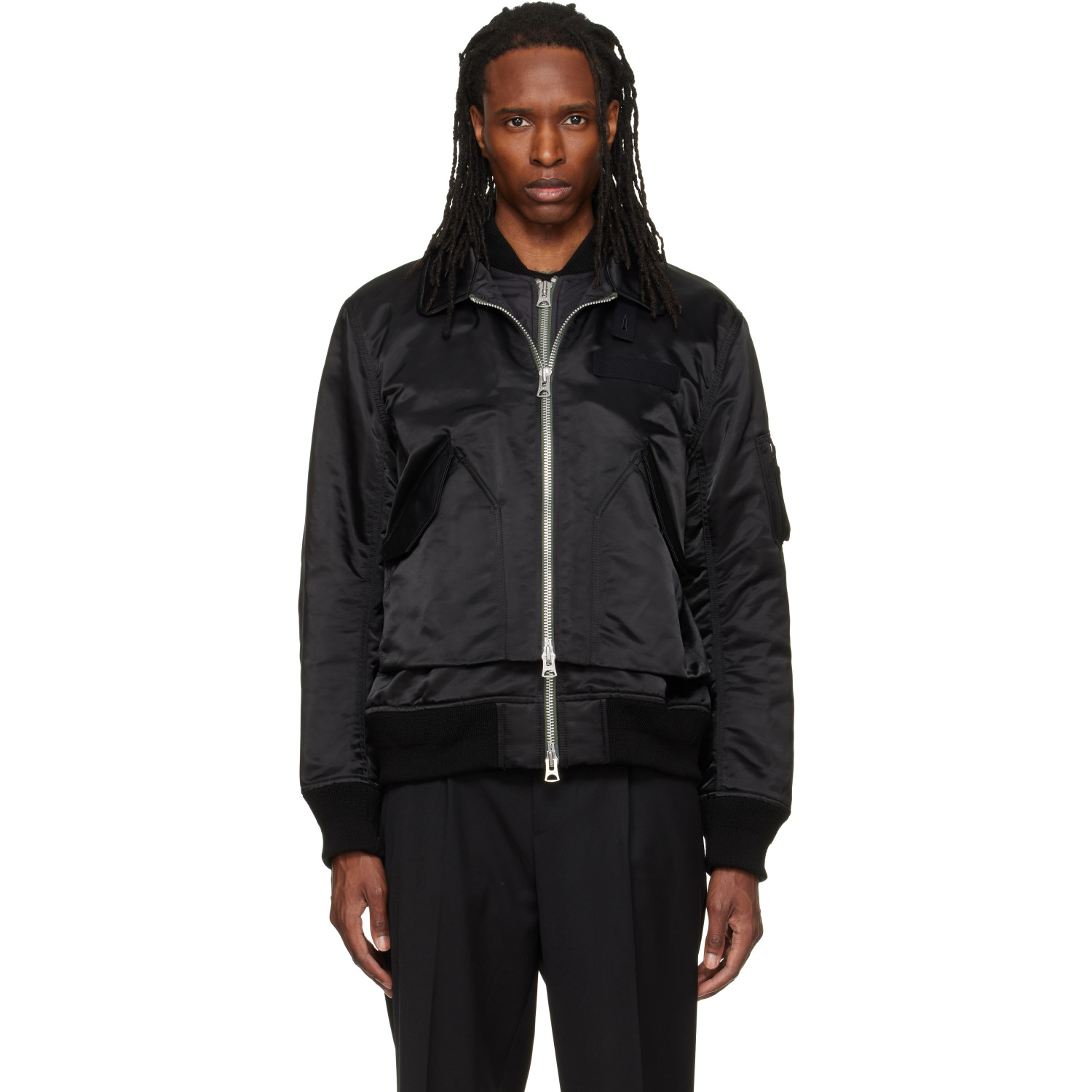 sacai Black Cotton Nylon Twill Bomber Jacket