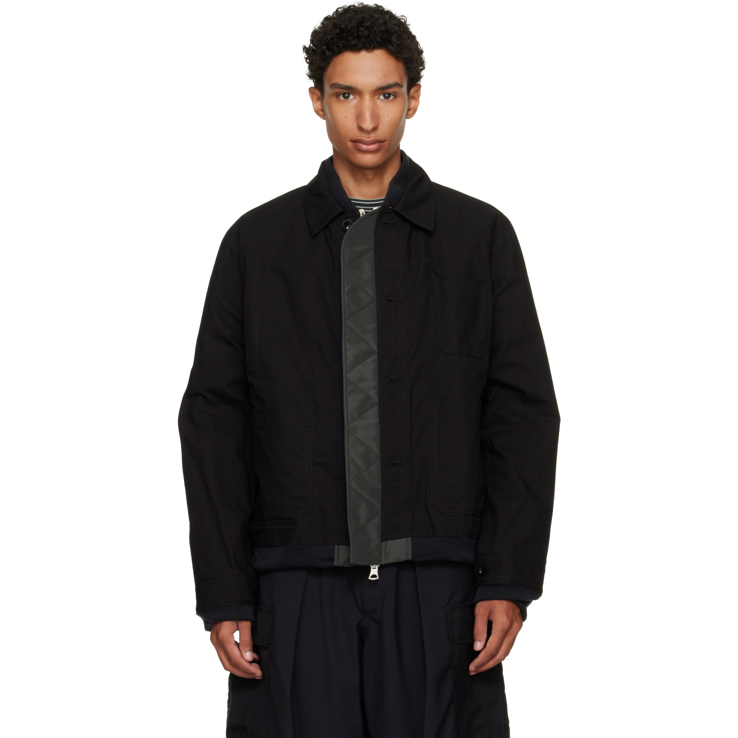 sacai Black & Khaki Nylon Twill x Rip Stop Blouson Reversible Jacket