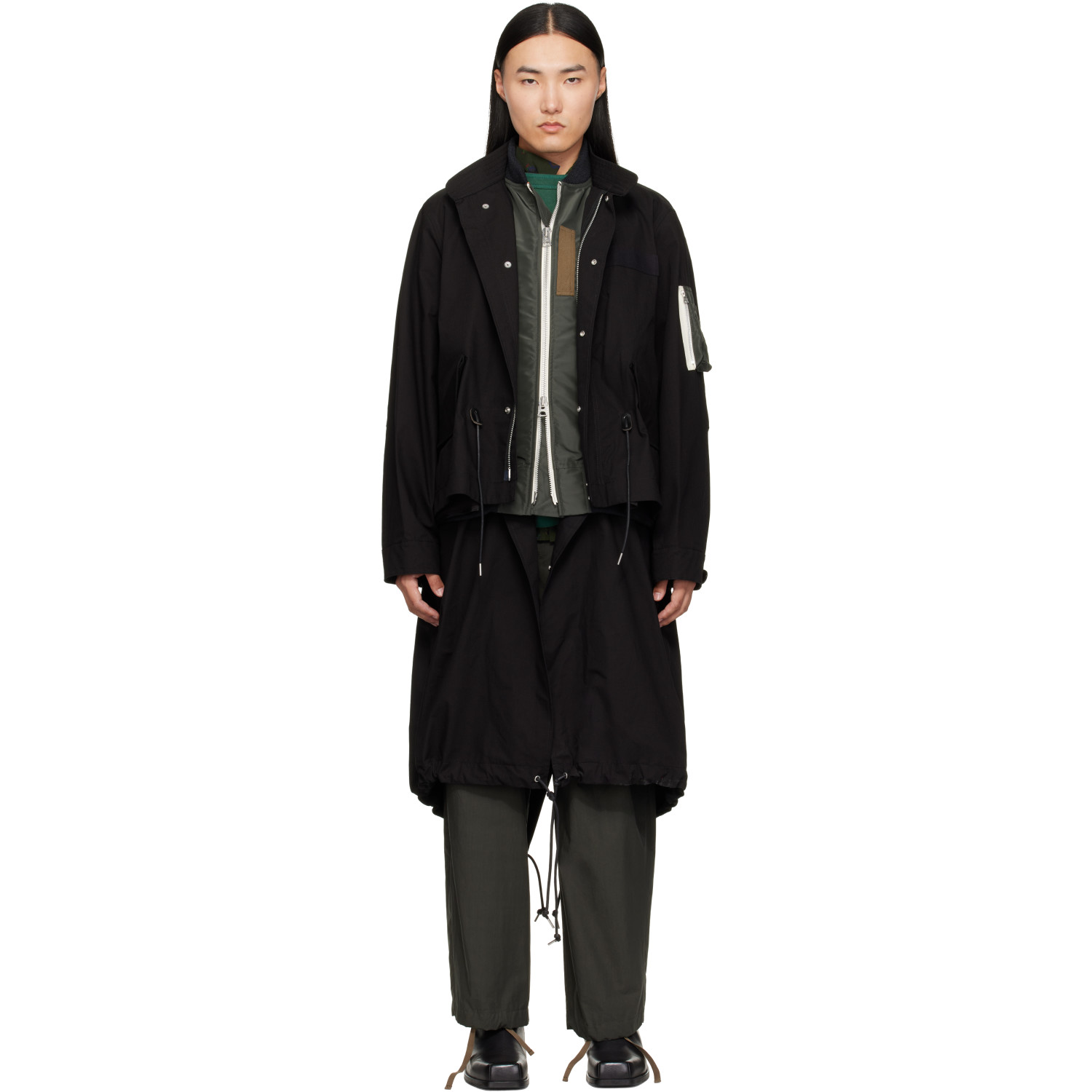 sacai Black Nylon Twill x Ripstop Coat