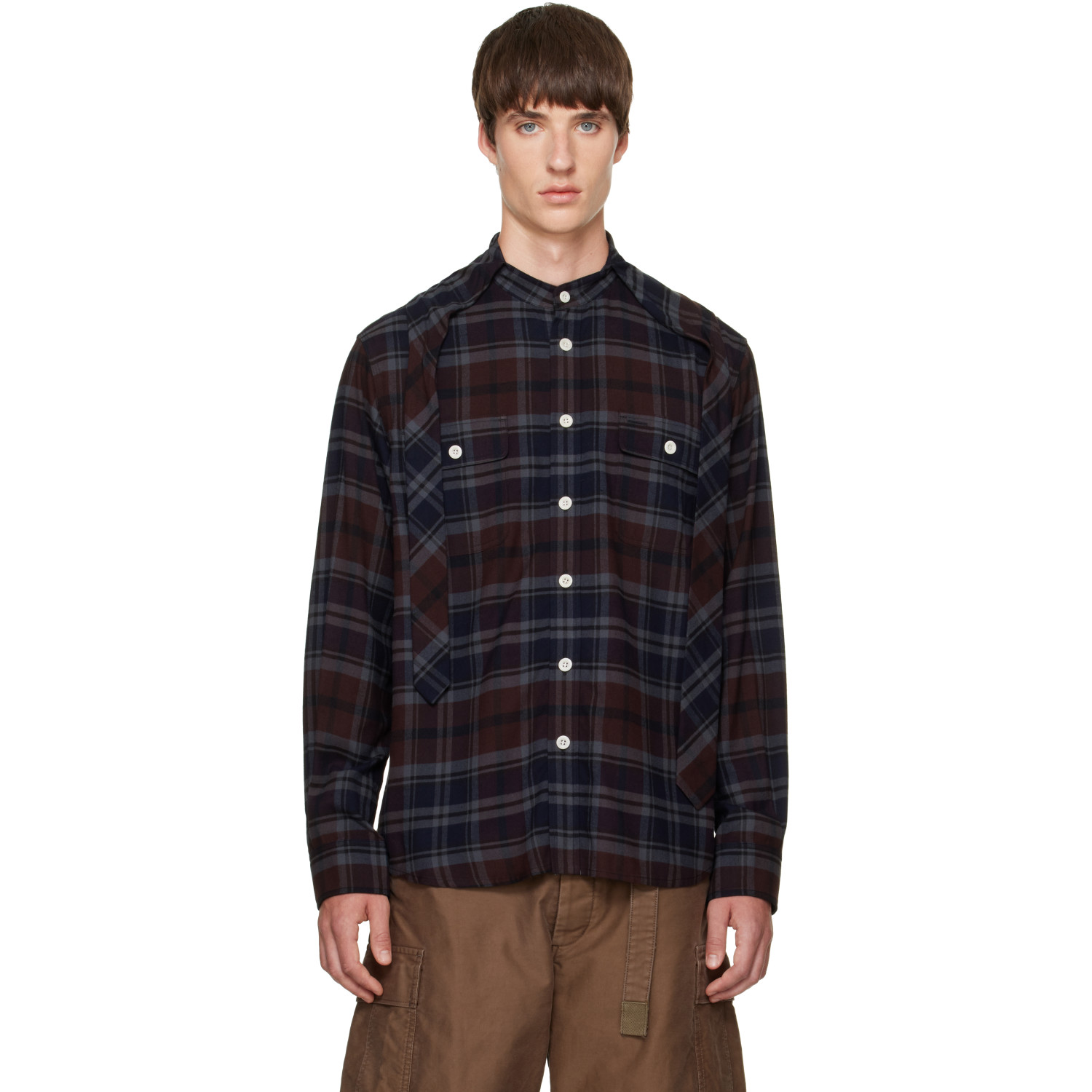 sacai Navy & Brown Plaid Flannel Shirt