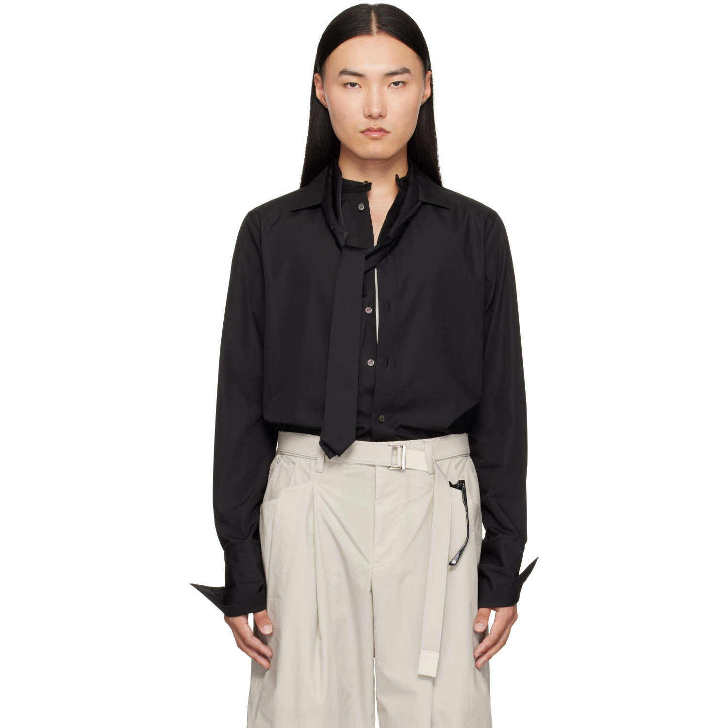 sacai Black Satin Tie Poplin Shirt
