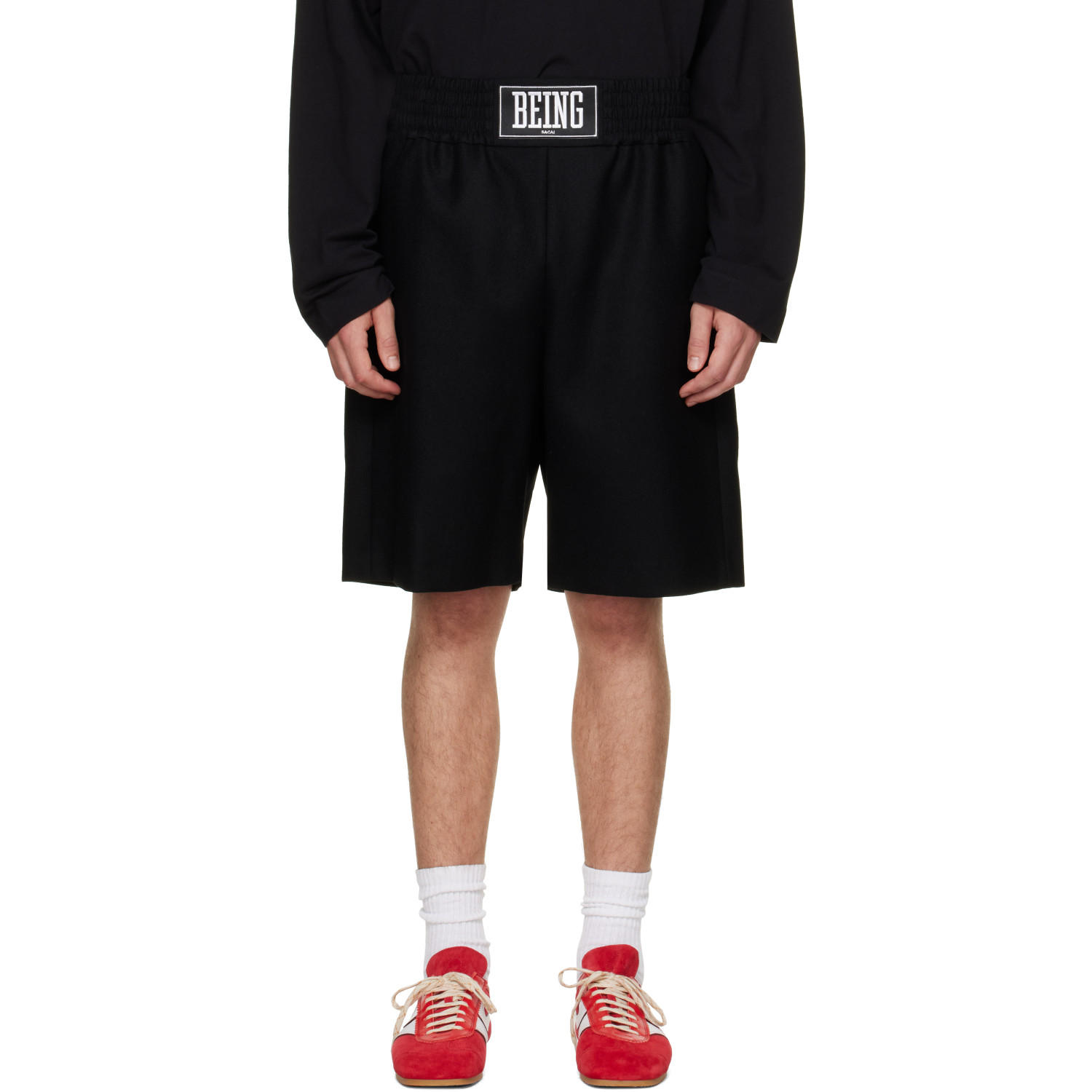 sacai Black Wool Melton 'BEING' Shorts