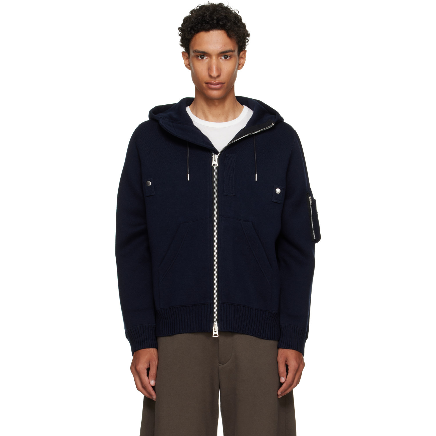 sacai Navy Cotton Cashmere Knit Hoodie
