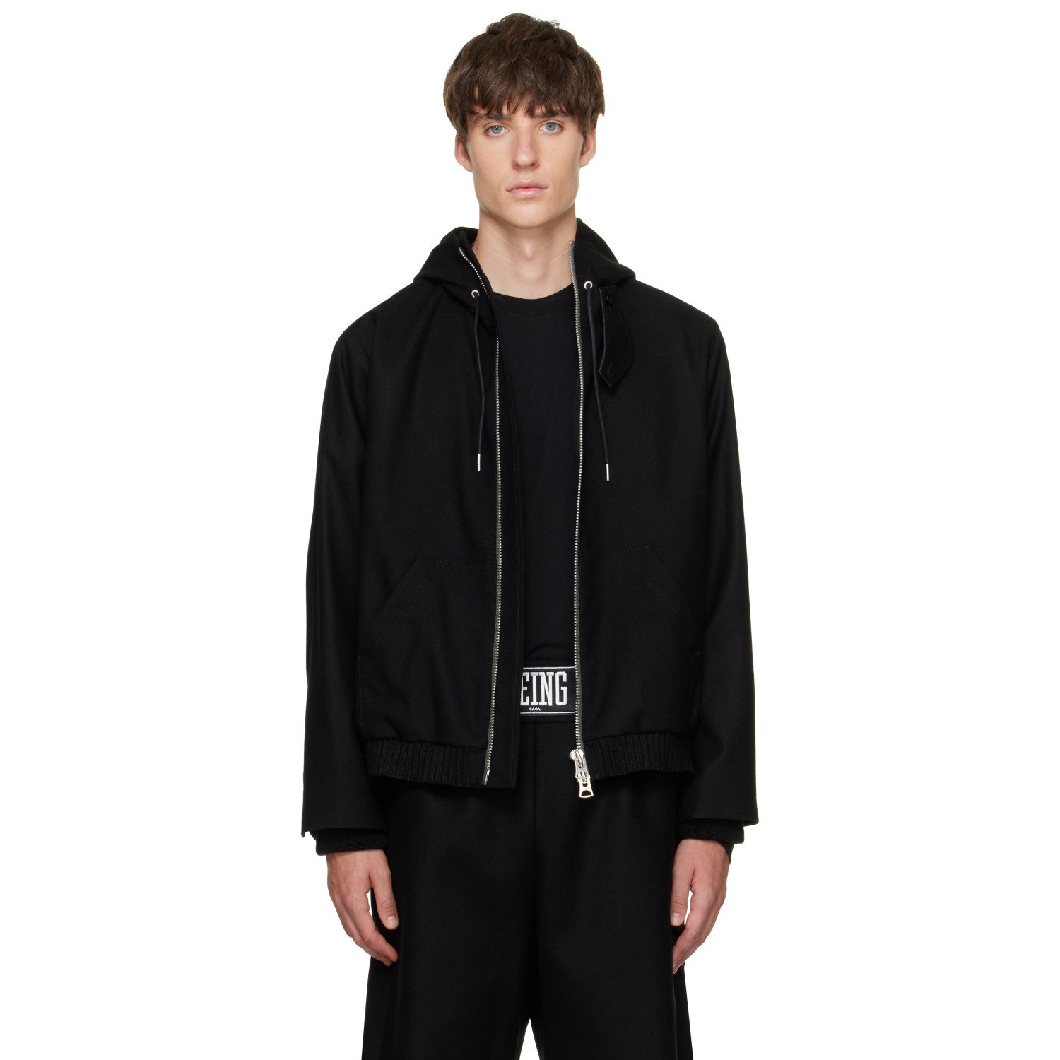 sacai Black Wool Flannel Hoodie