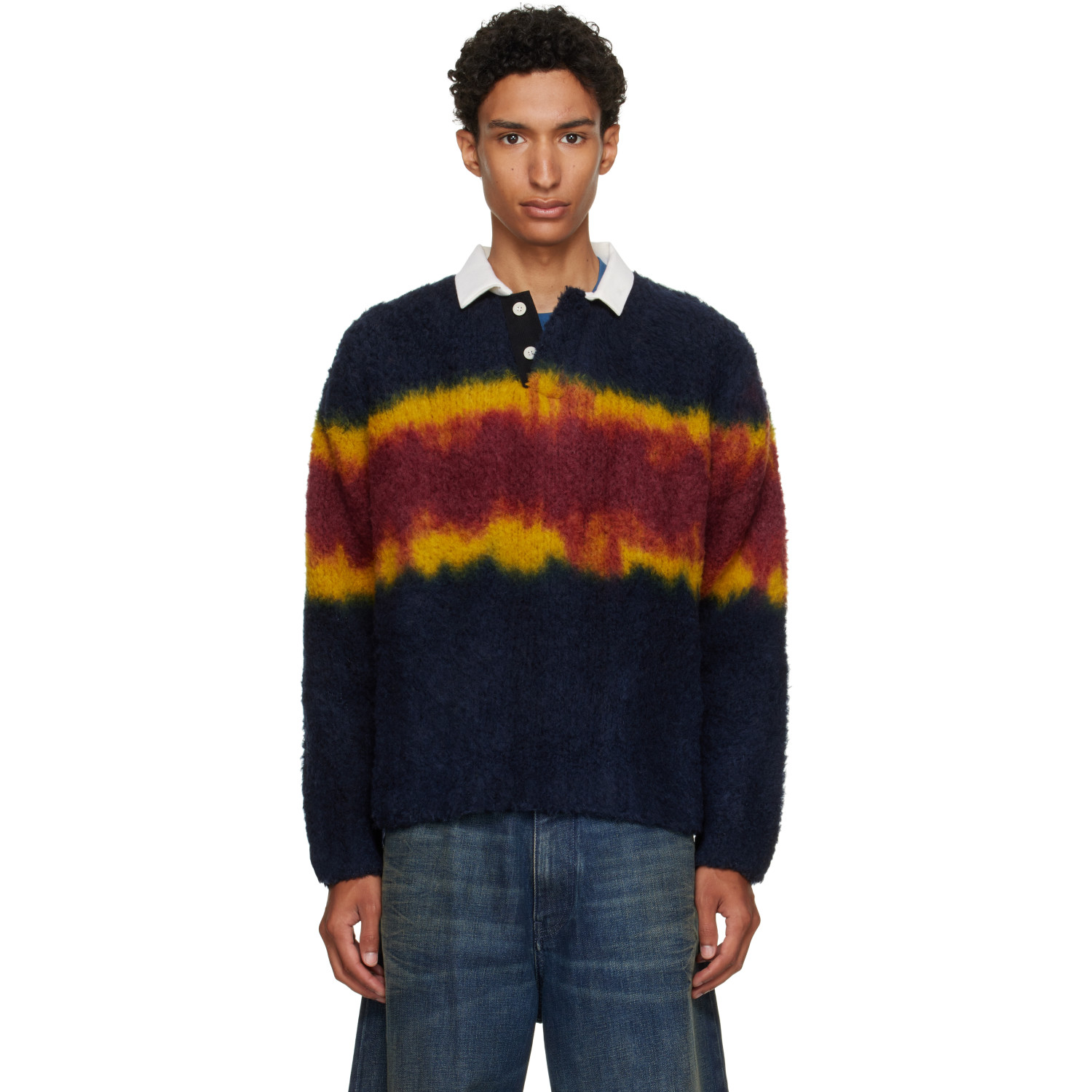 sacai Navy & Burgundy Chusen-Dyed Knit Polo