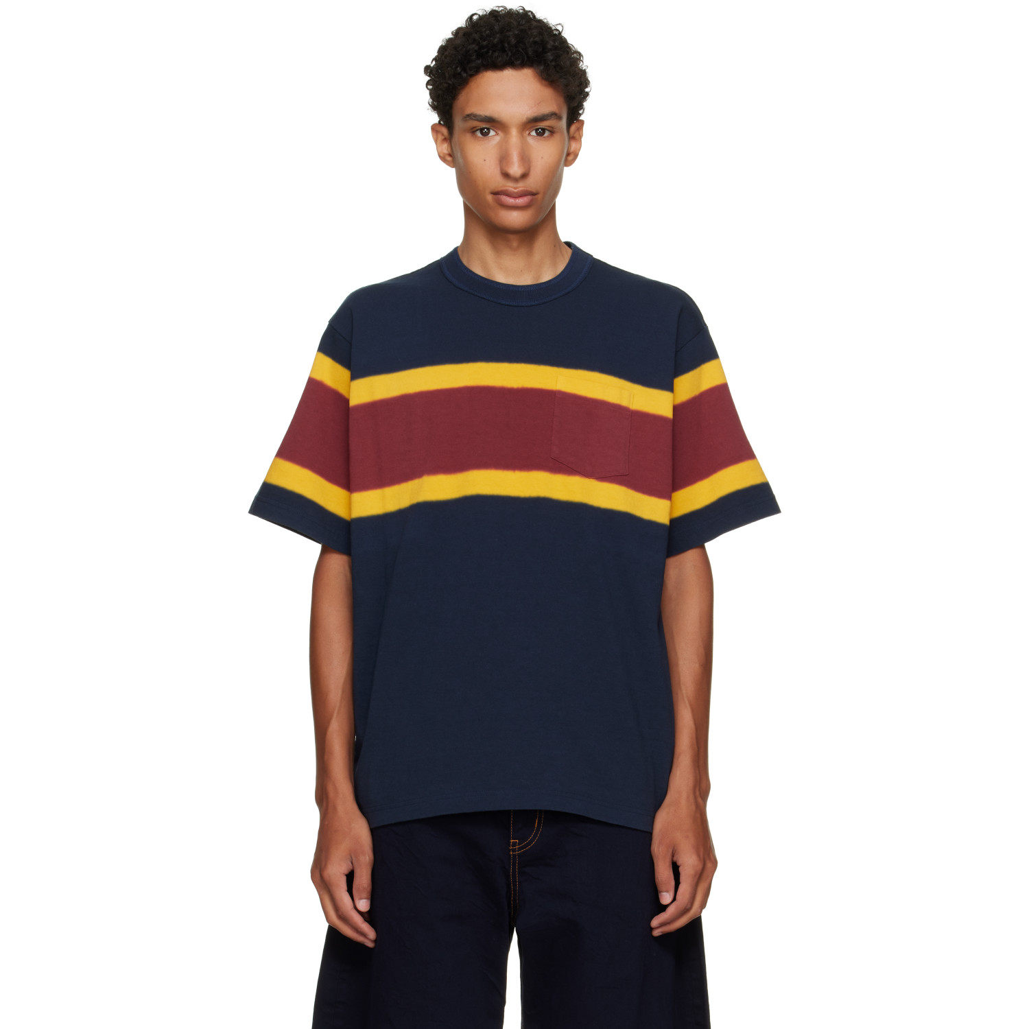 sacai Navy & Burgundy Chusen-Dyed Cotton Jersey T-shirt
