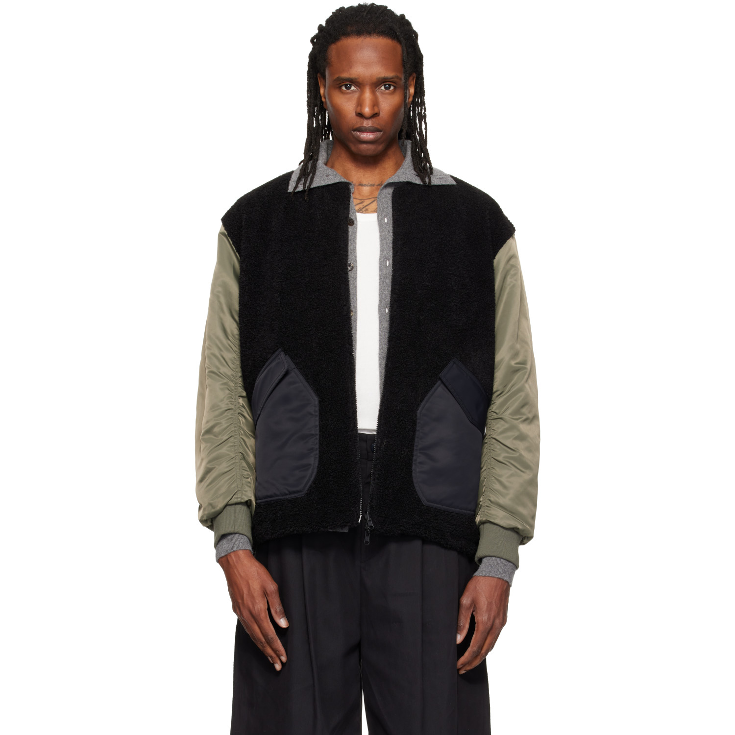 RE;CODE Khaki & Black Hybrid Jumper Reversible Bomber Jacket
