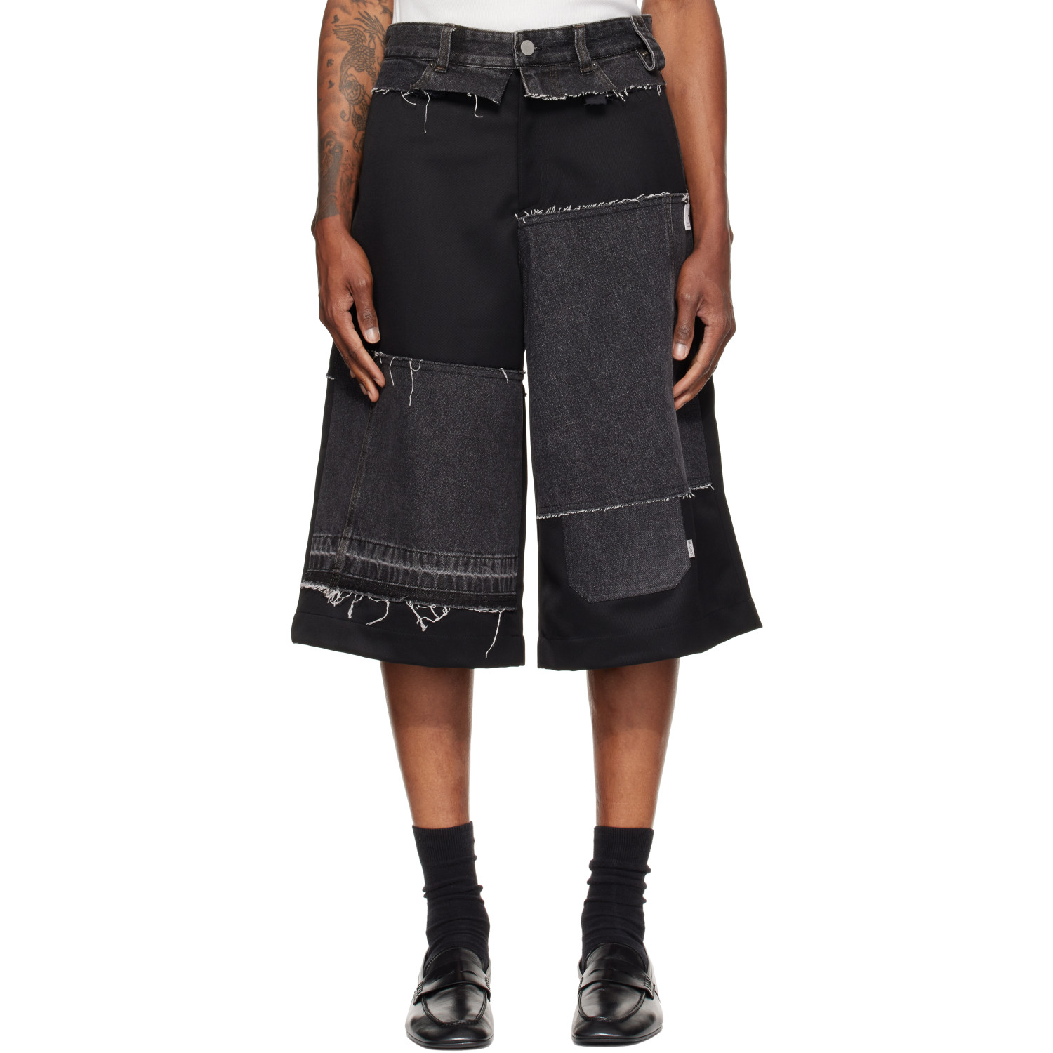 RE;CODE Black Mixed Fabric Denim Shorts