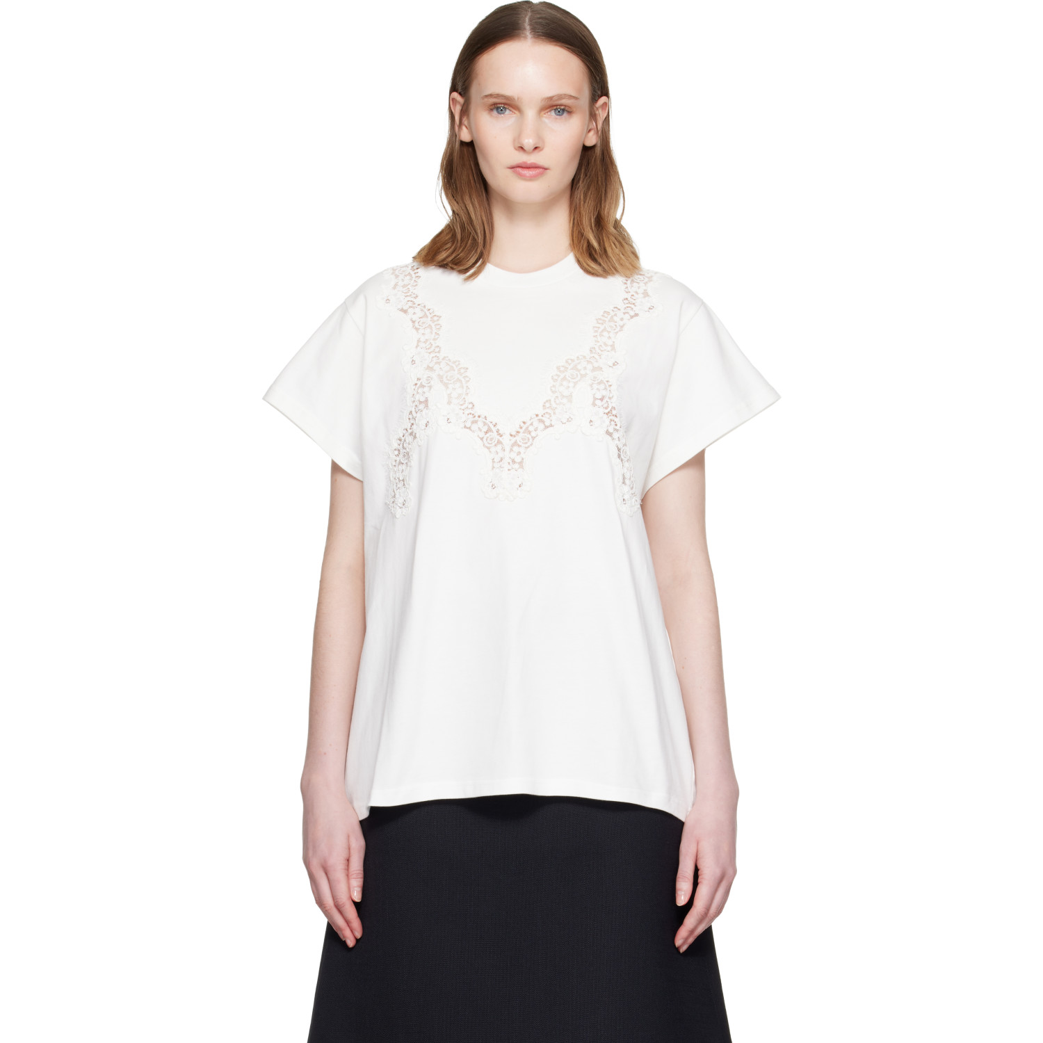 Stella McCartney White Lace Mix Washed Jersey Cotton T-shirt