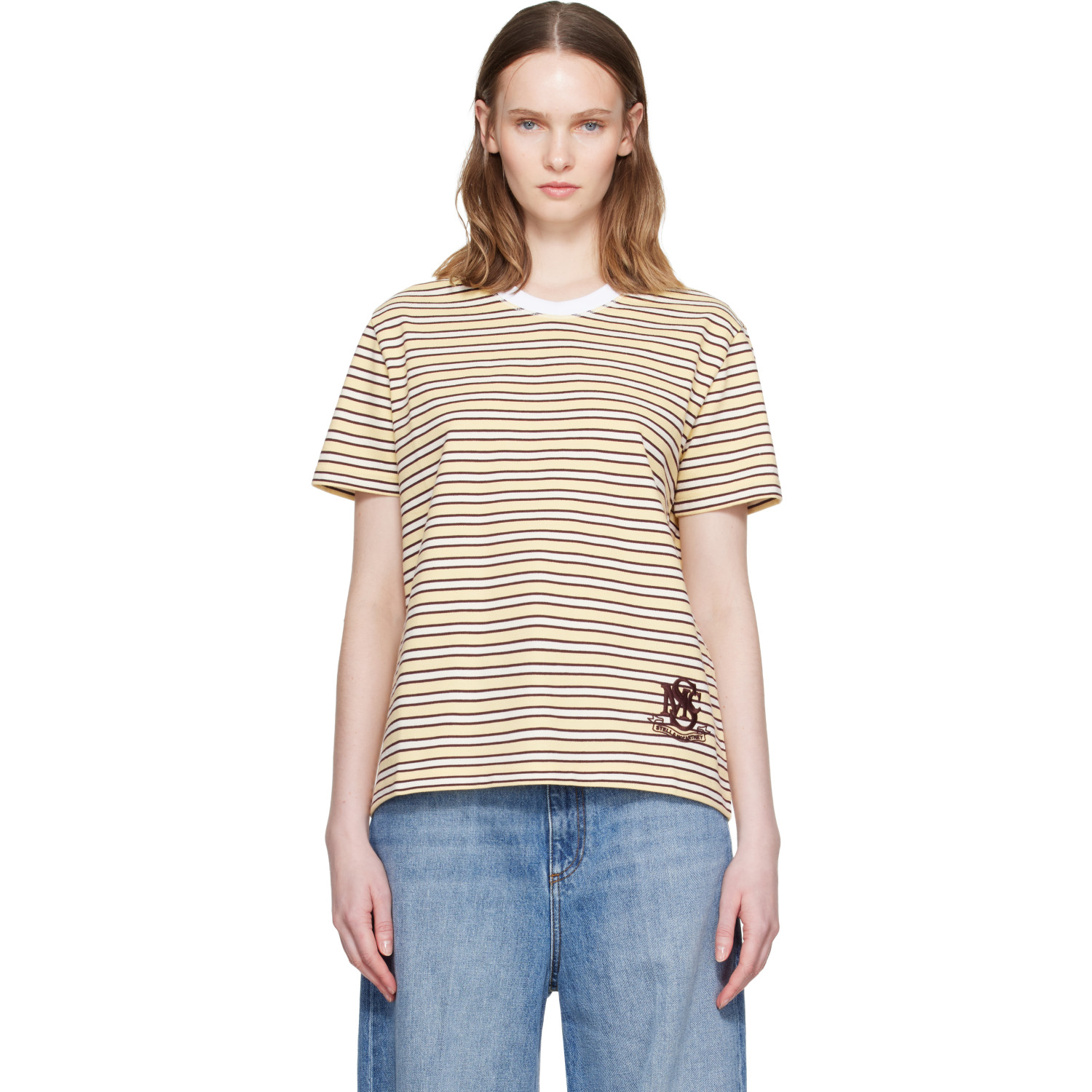 Stella McCartney Yellow & Brown Fancy Stripe Crest Embroidery T-shirt