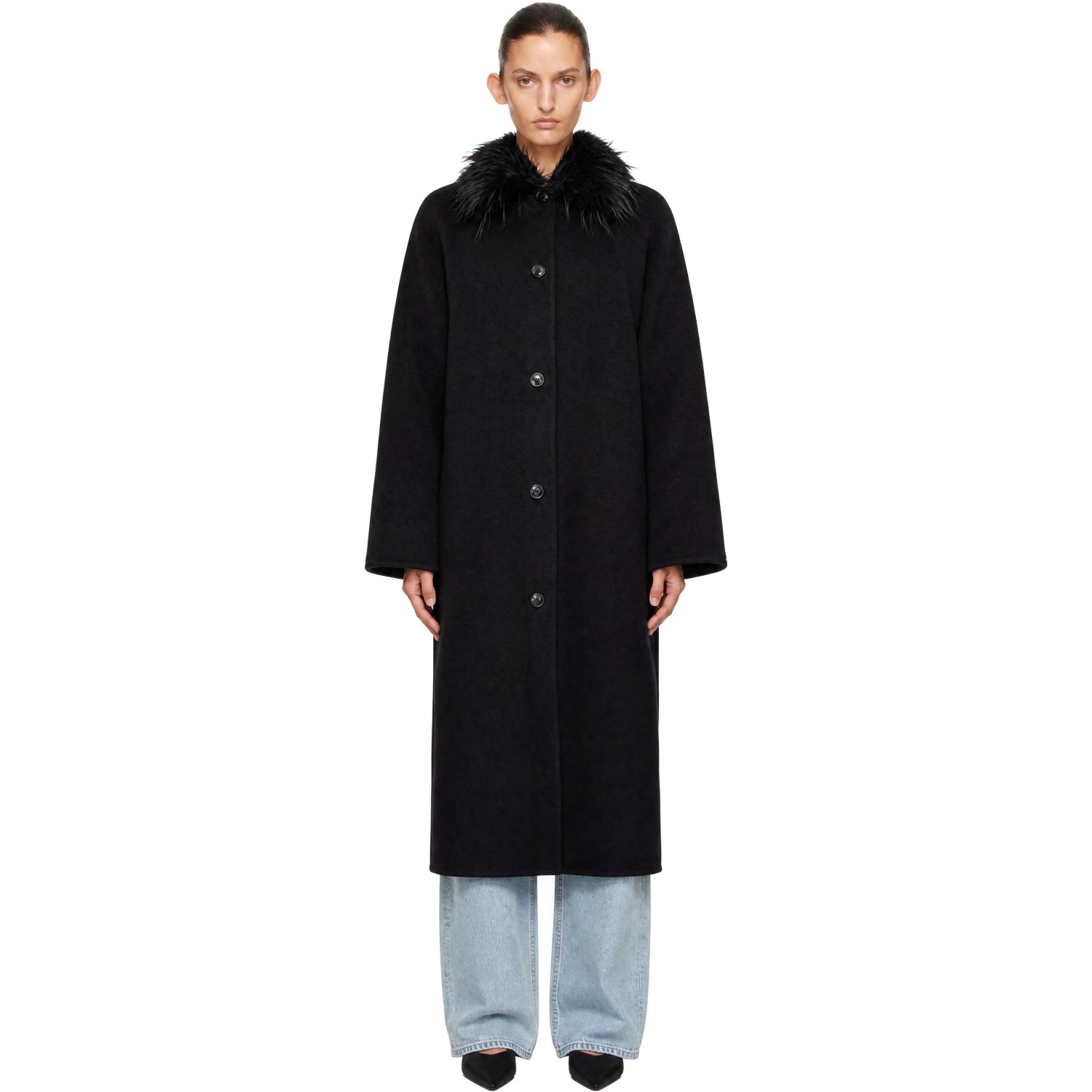 Loulou de Saison Black Yrsa Detachable Faux-Fur Collar Coat