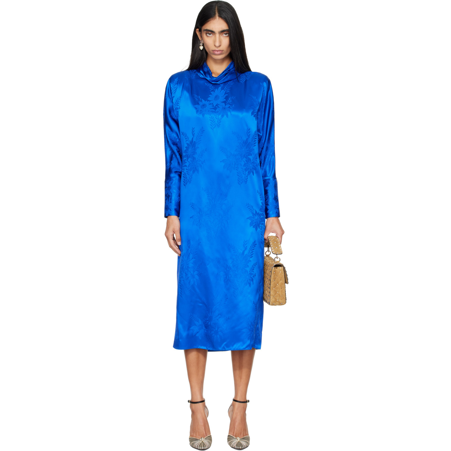Valentino Blue Flowerism Sunflowers Jacquard Midi Dress