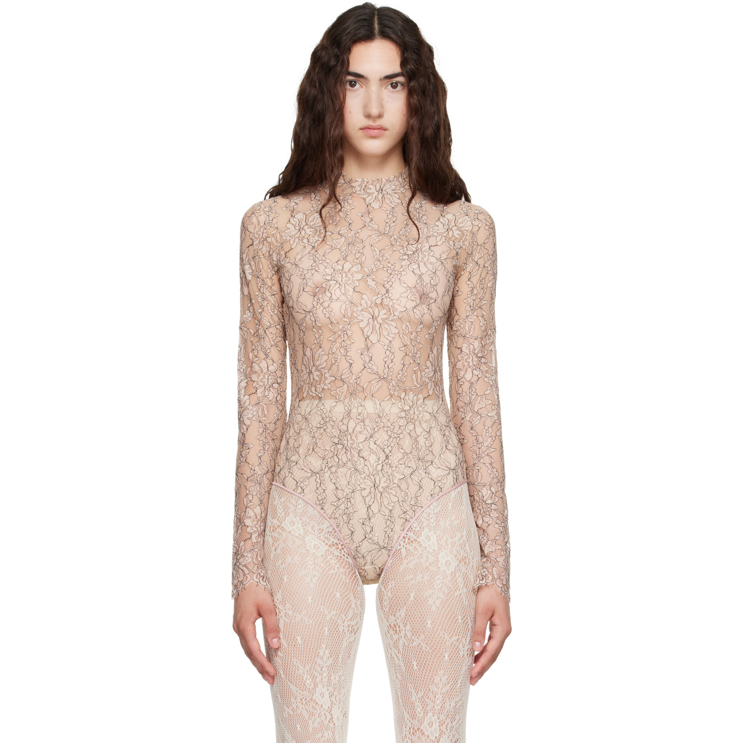 Valentino Beige Floral Lace Bodysuit