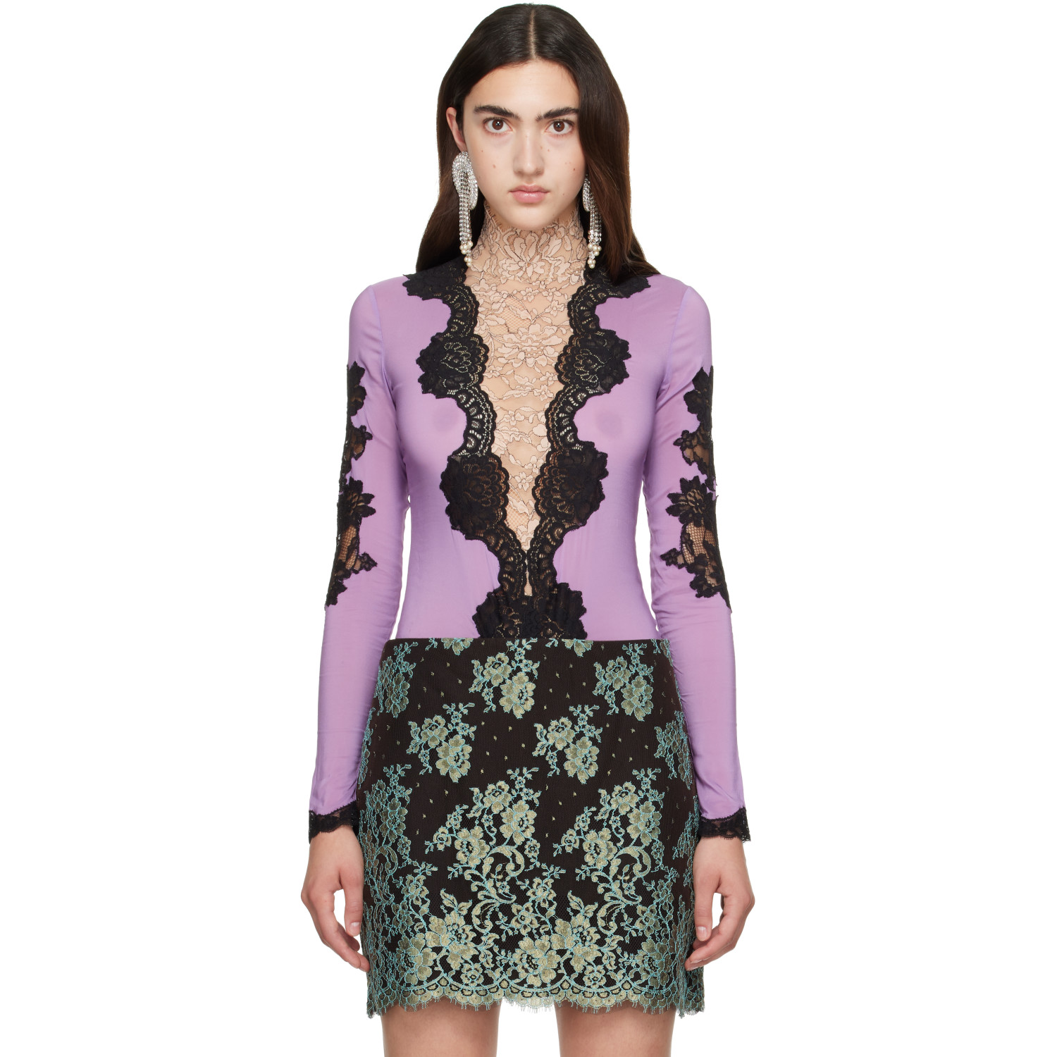 Valentino Purple Jersey Lace Bodysuit