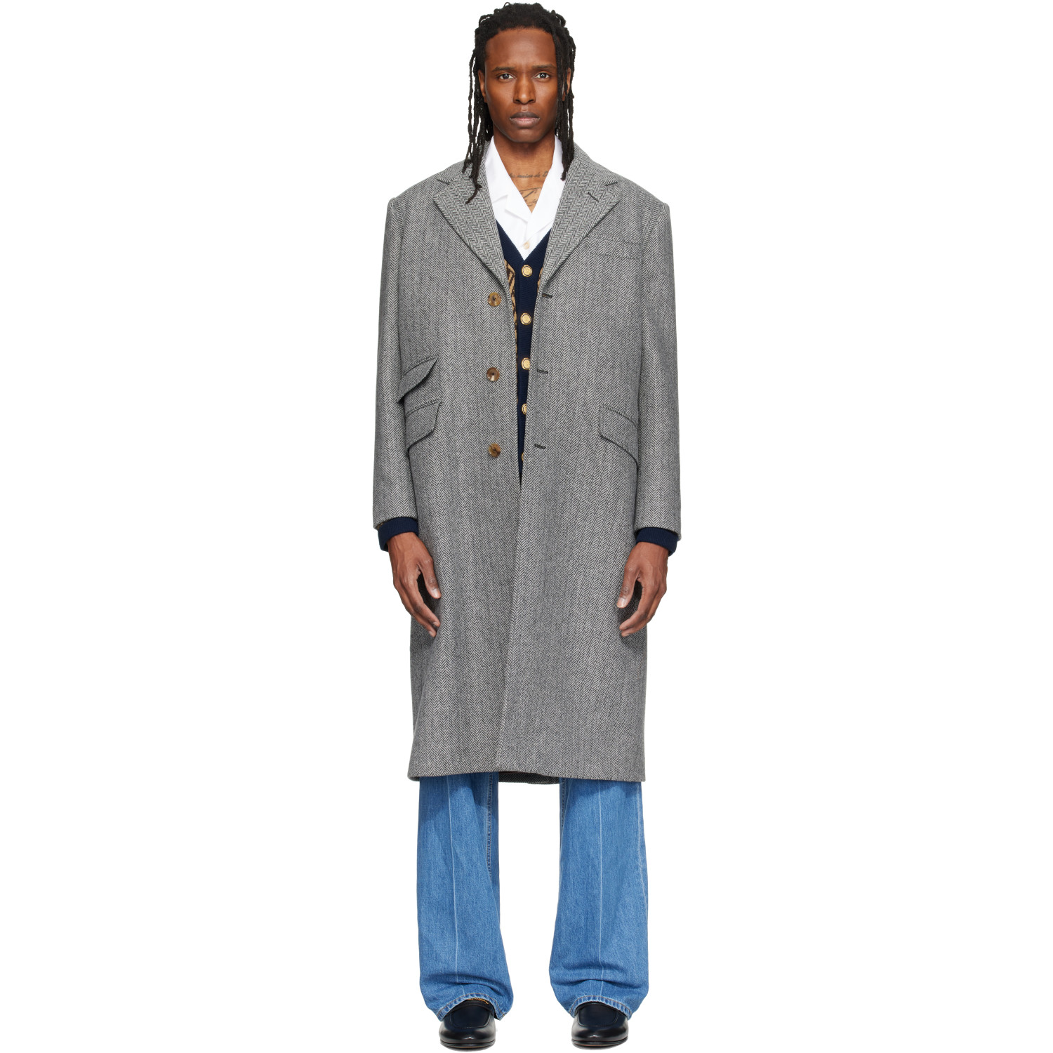 Valentino Gray Wool Herringbone Coat