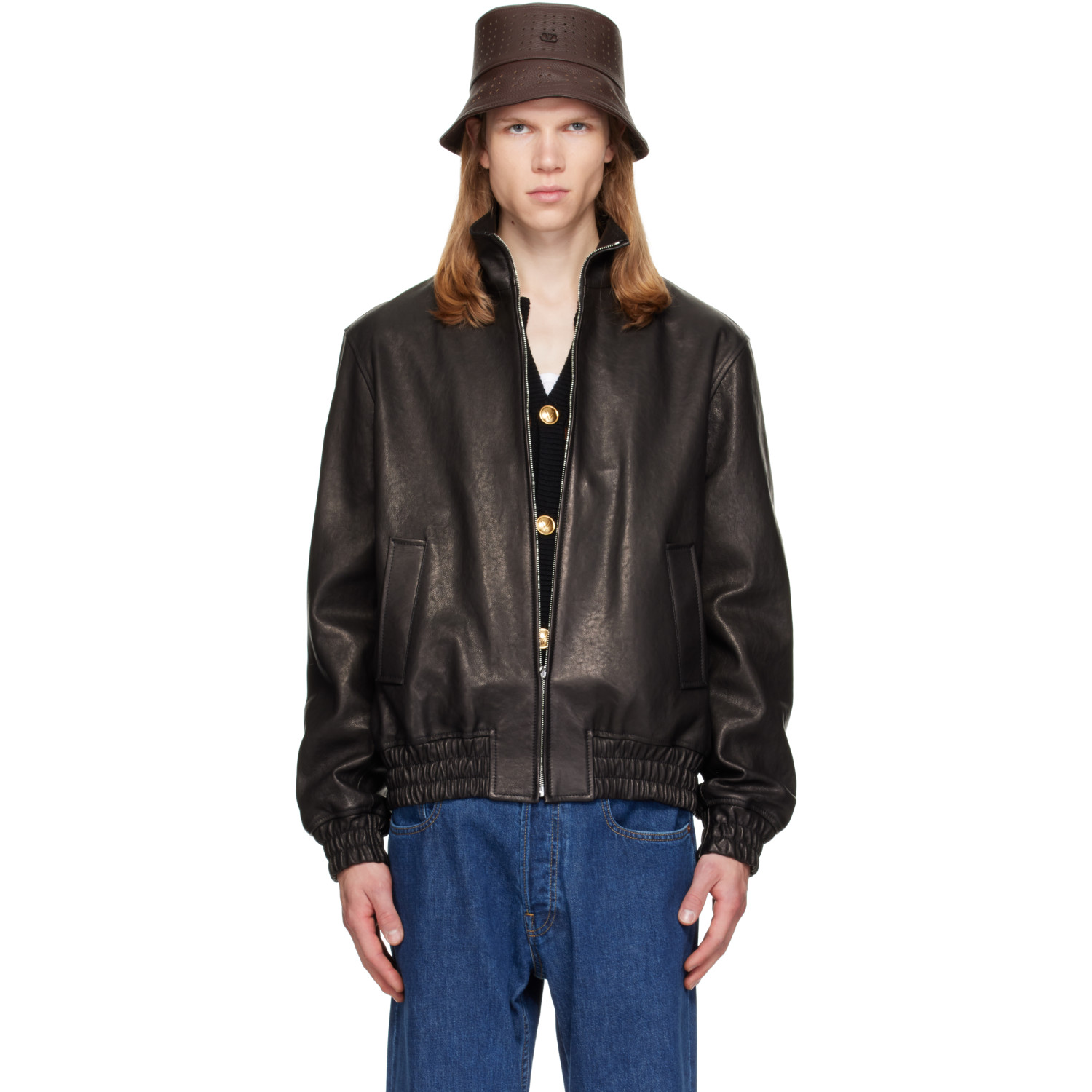 Valentino Black High Neck Leather Jacket