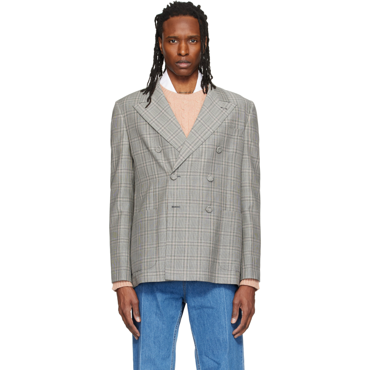 Valentino Gray Double-Breasted Mohair Wool Check Blazer