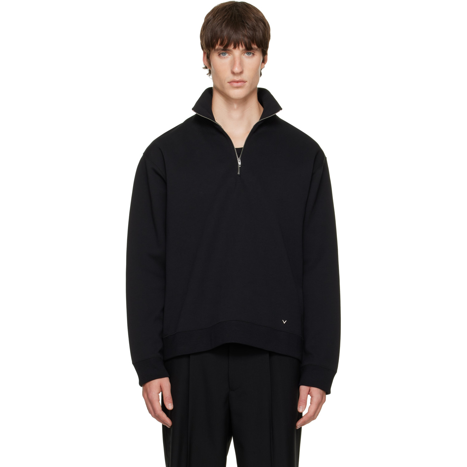 Valentino Black Cotton Quarter-Zip 'V' Badge Sweatshirt