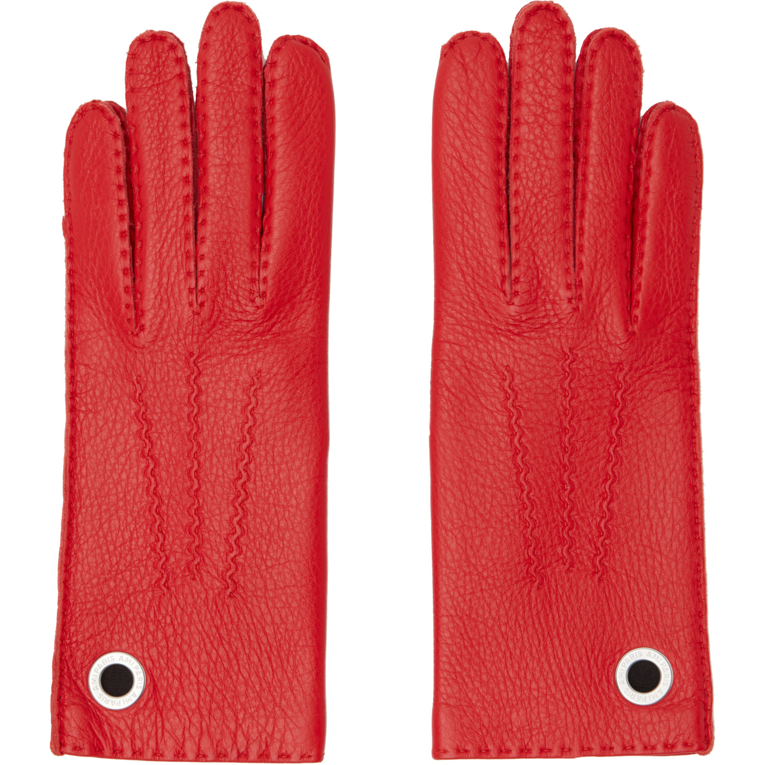 AMI Paris Red Grained Leather Gloves