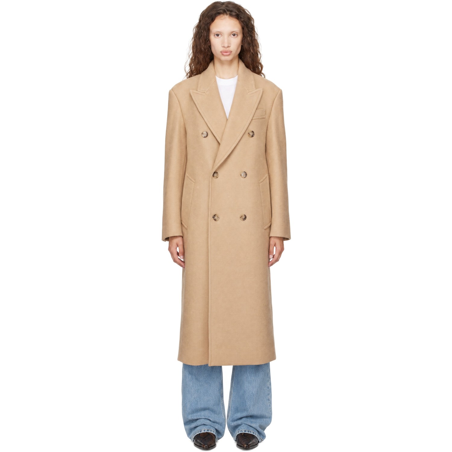 AMI Paris Beige Long Double-Breasted Wool Coat