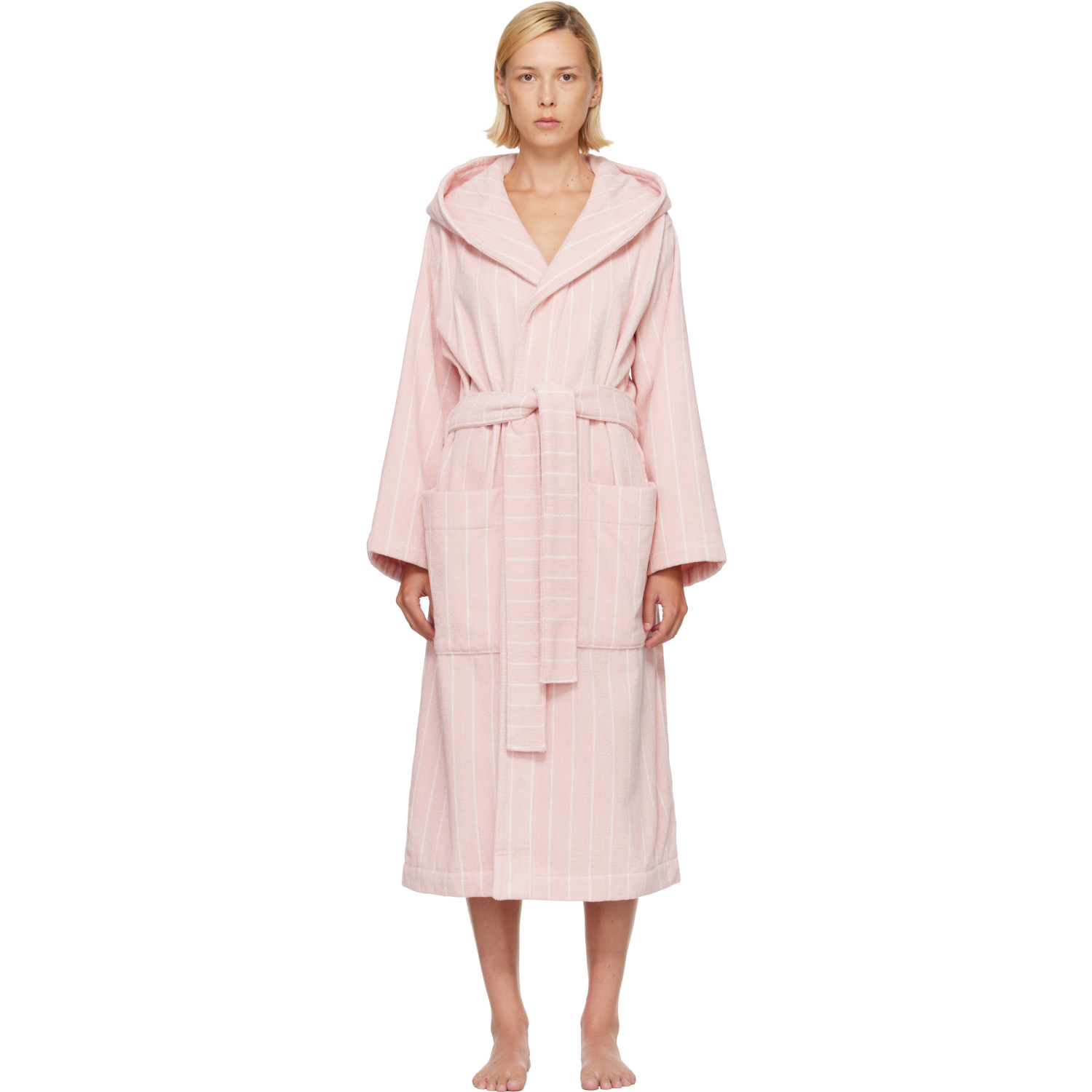 Tekla Pink & White Terry Hooded Bathrobe