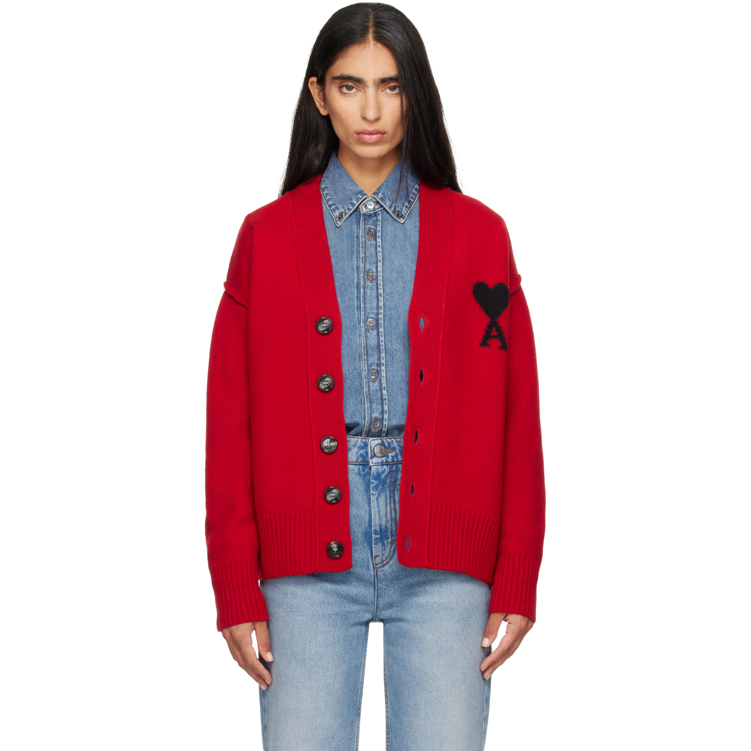 AMI Paris Red Natural Wool Ami De Coeur Cardigan
