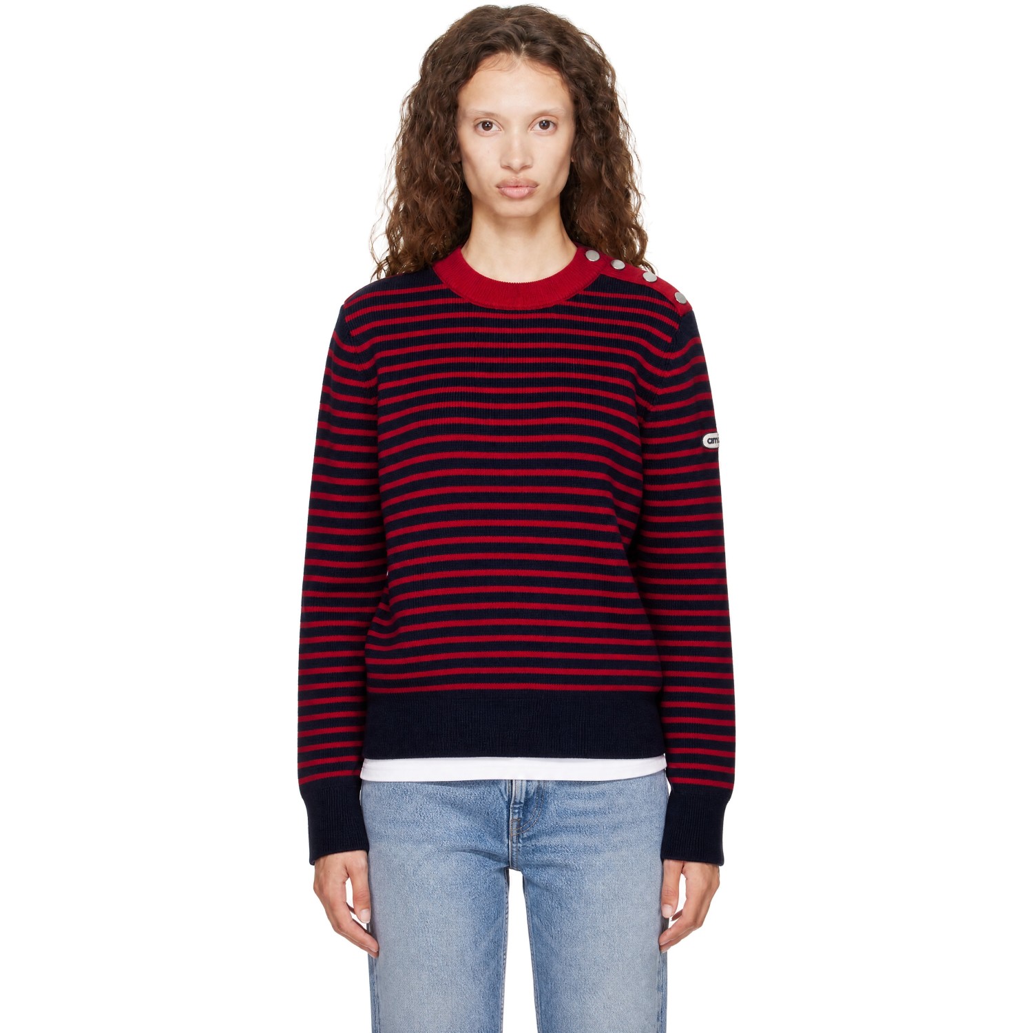 AMI Paris Navy & Red Sailor Striped Wool Crewneck Sweater