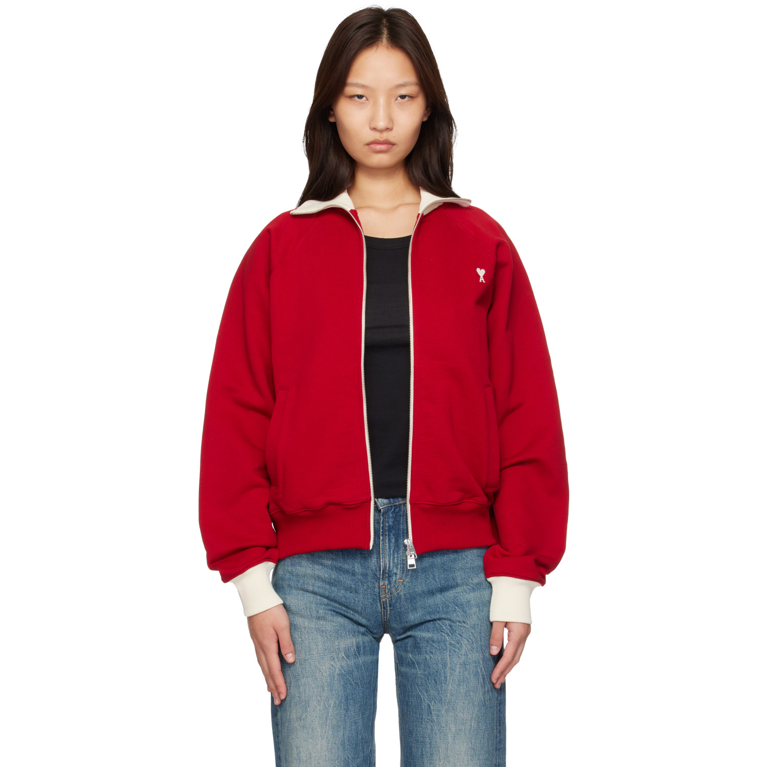 AMI Paris Red Zipped Cotton Ami de Coeur Sweatshirt