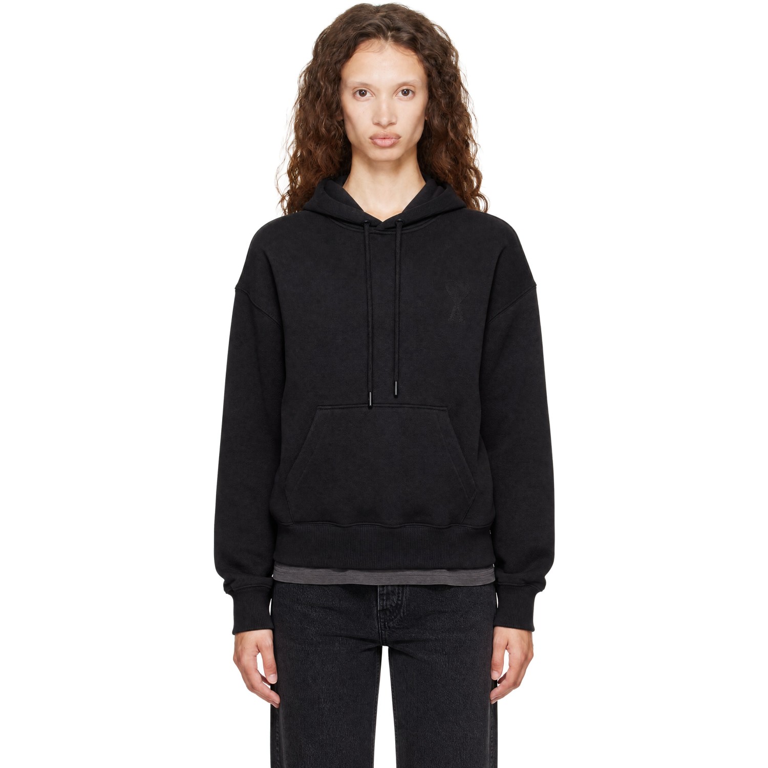 AMI Paris Black Cotton Embossed Ami de Coeur Hoodie