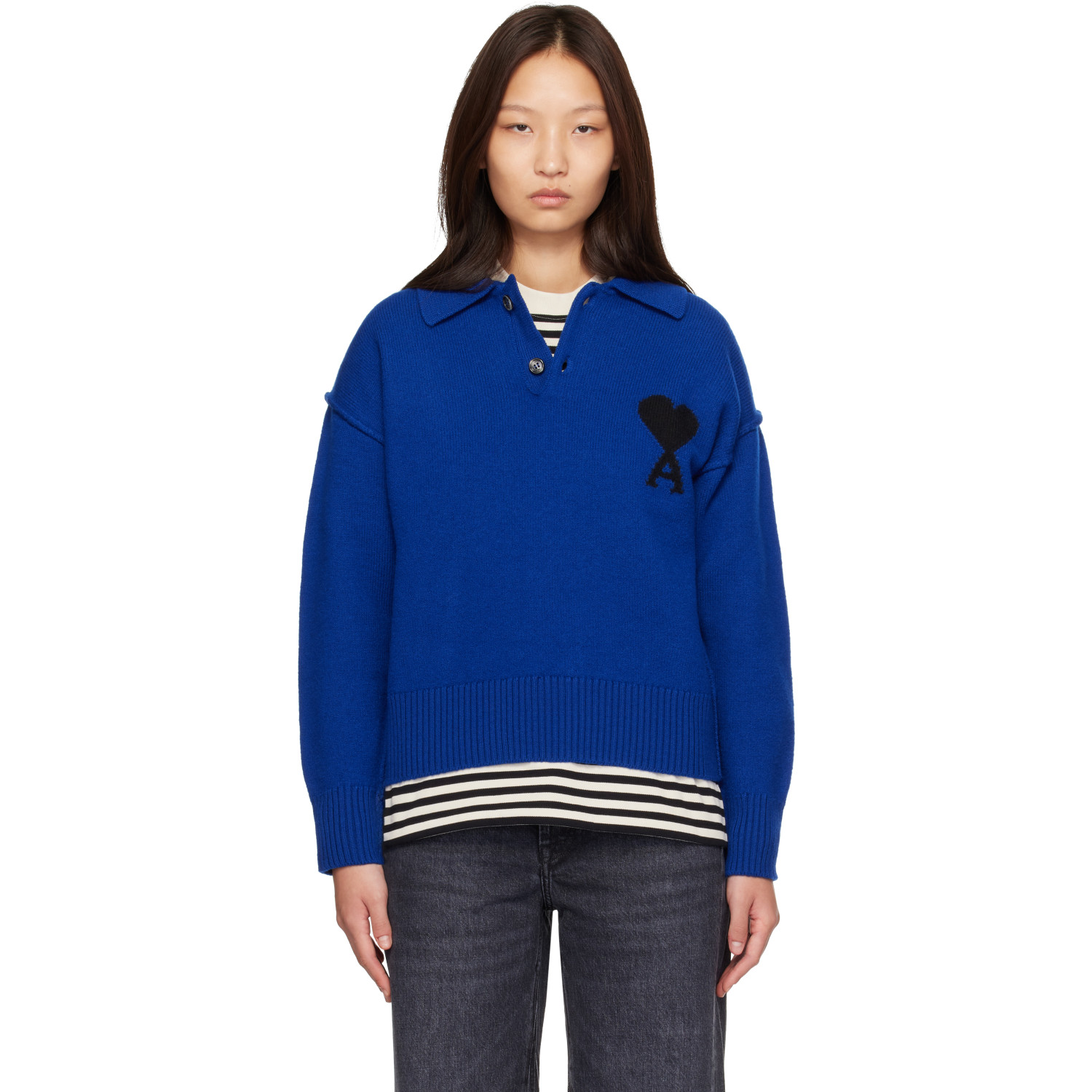 AMI Paris Blue Wool Ami de Coeur Polo