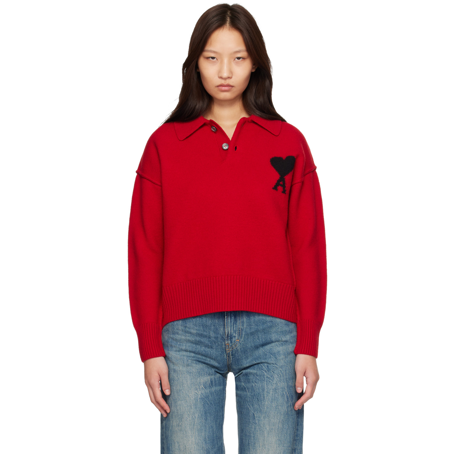 AMI Paris Red Wool Ami de Coeur Polo
