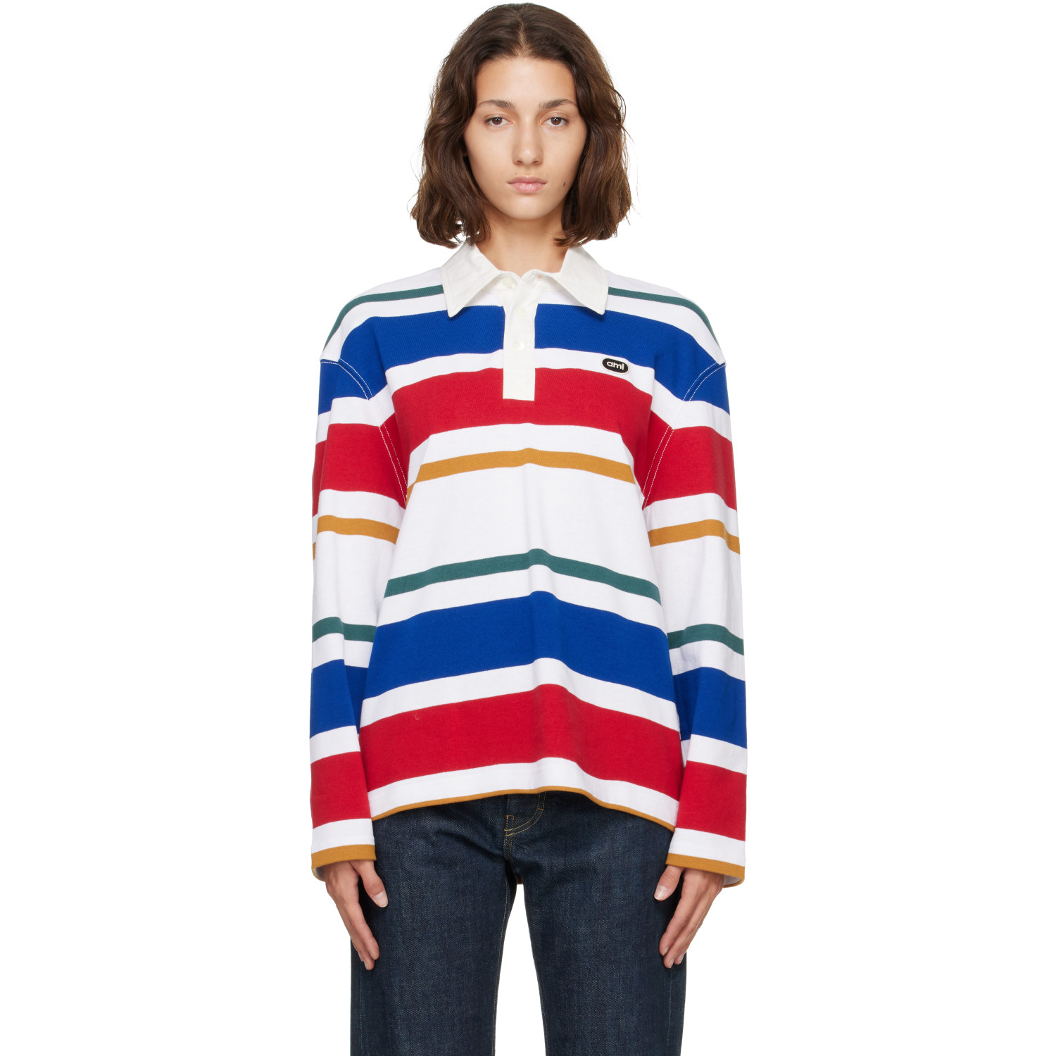 AMI Paris Multicolor Striped Cotton Ami Patch Polo